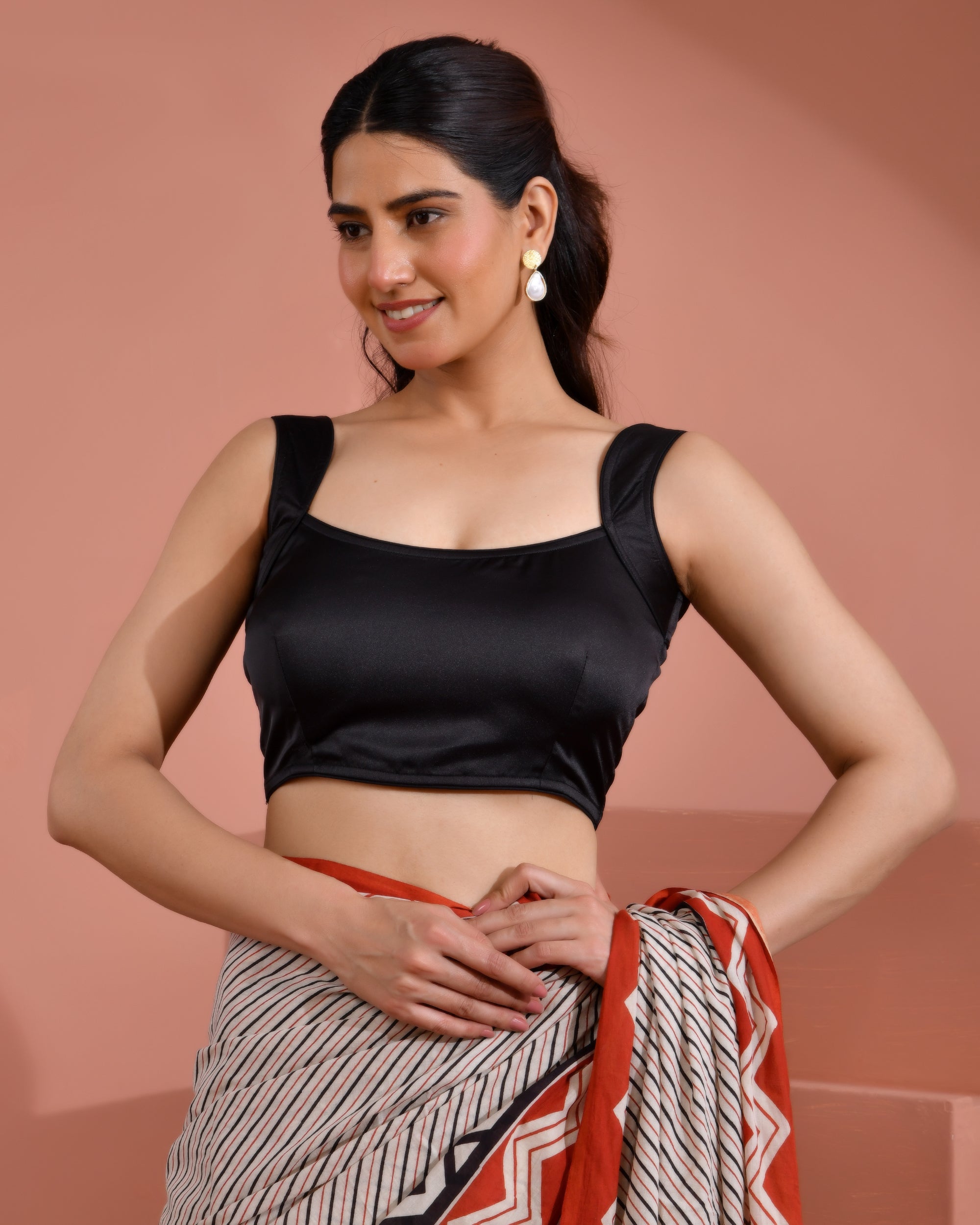 Round Neck Satin Black Solid Blouse