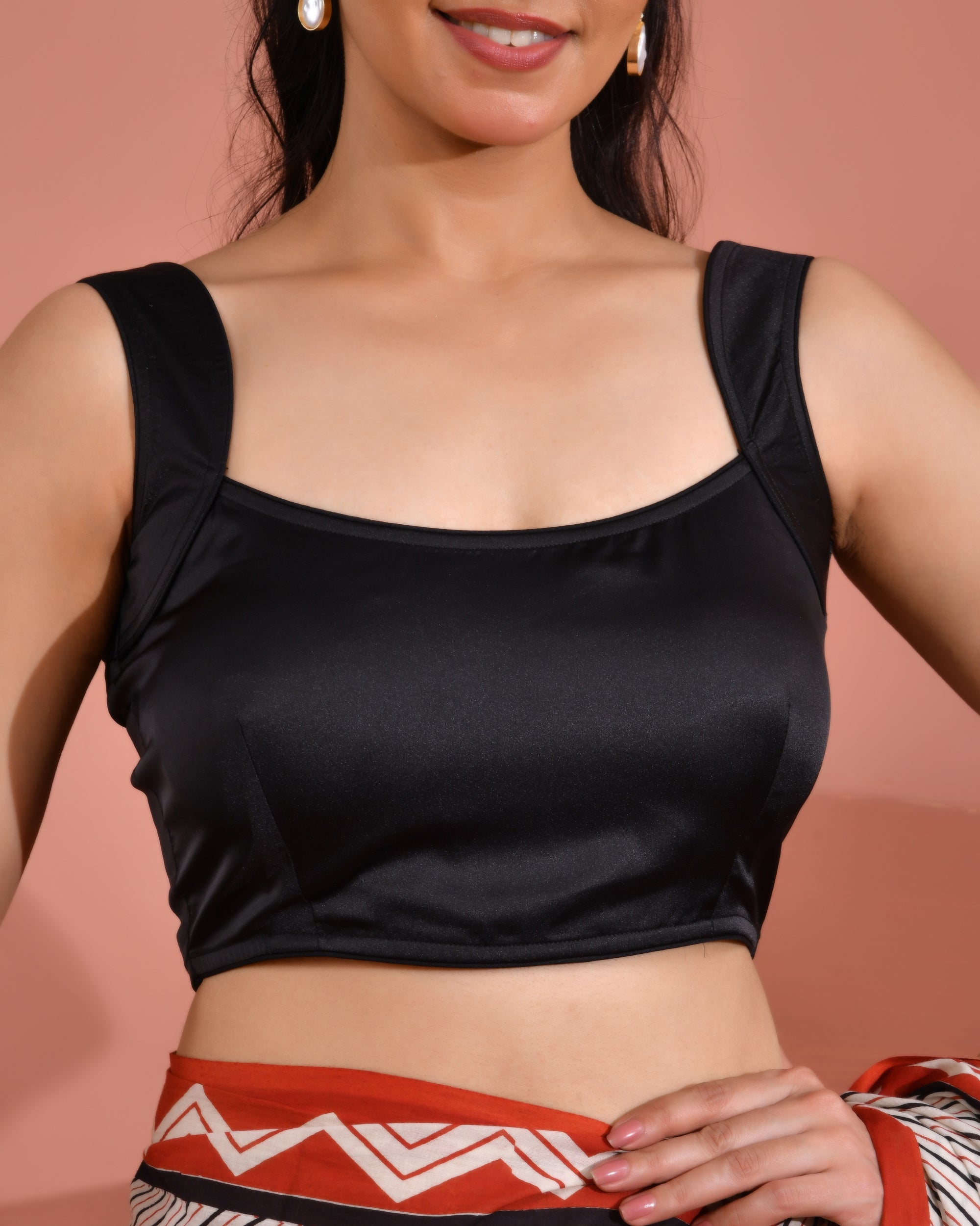 Round Neck Satin Black Solid Blouse