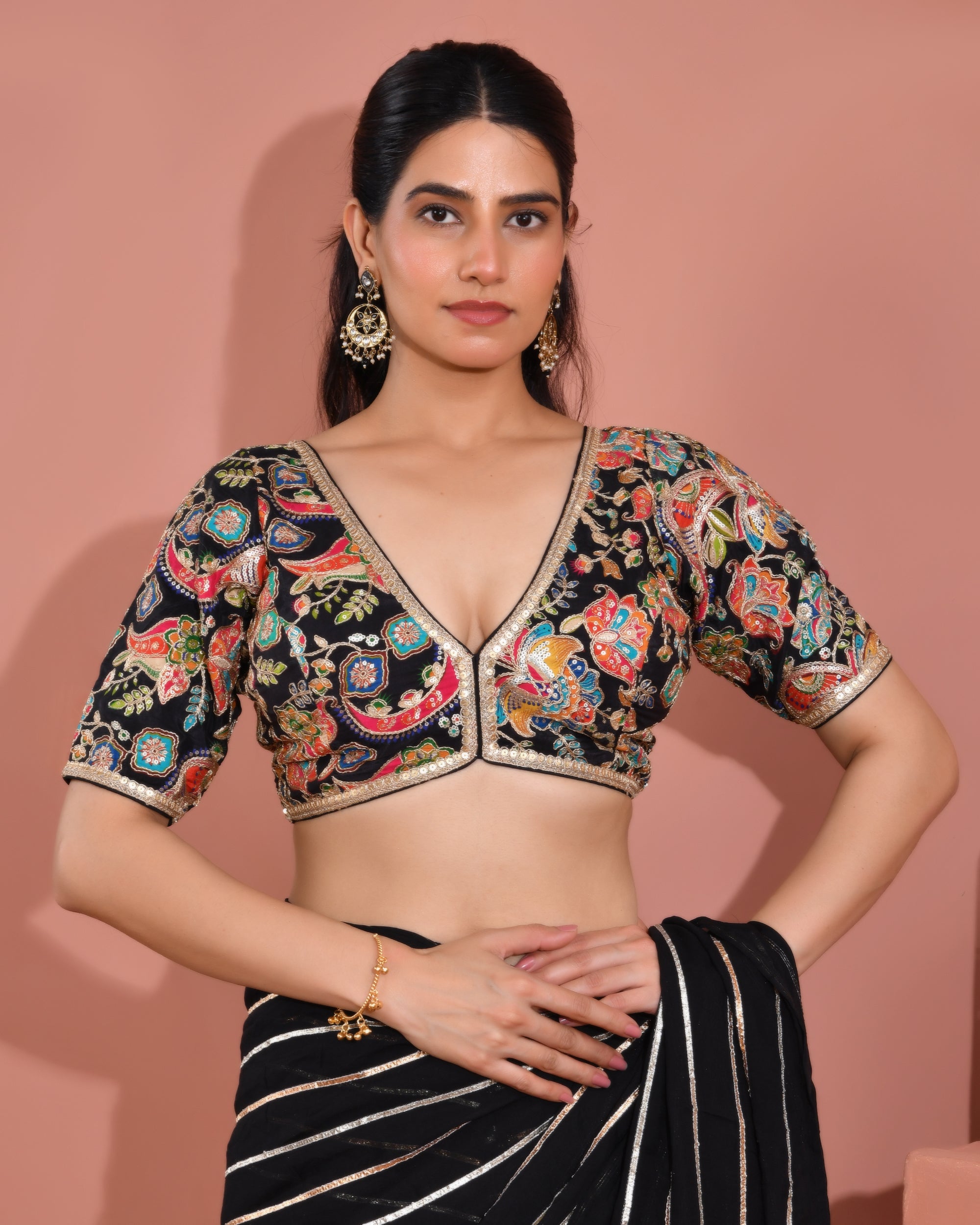Black Embroidered Position Print Nyra Cut   Blouse with sleeves