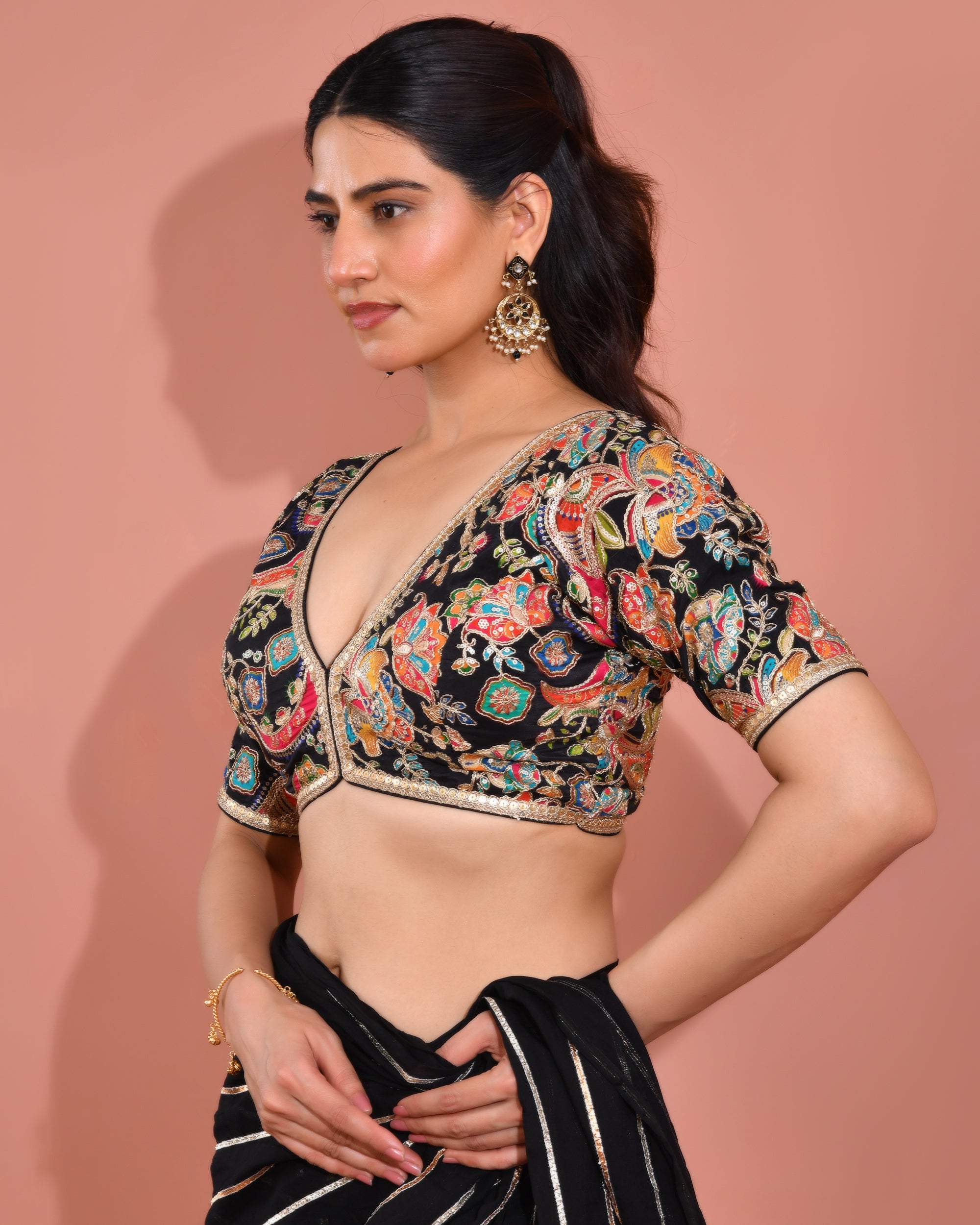 Black Embroidered Position Print Nyra Cut   Blouse with sleeves