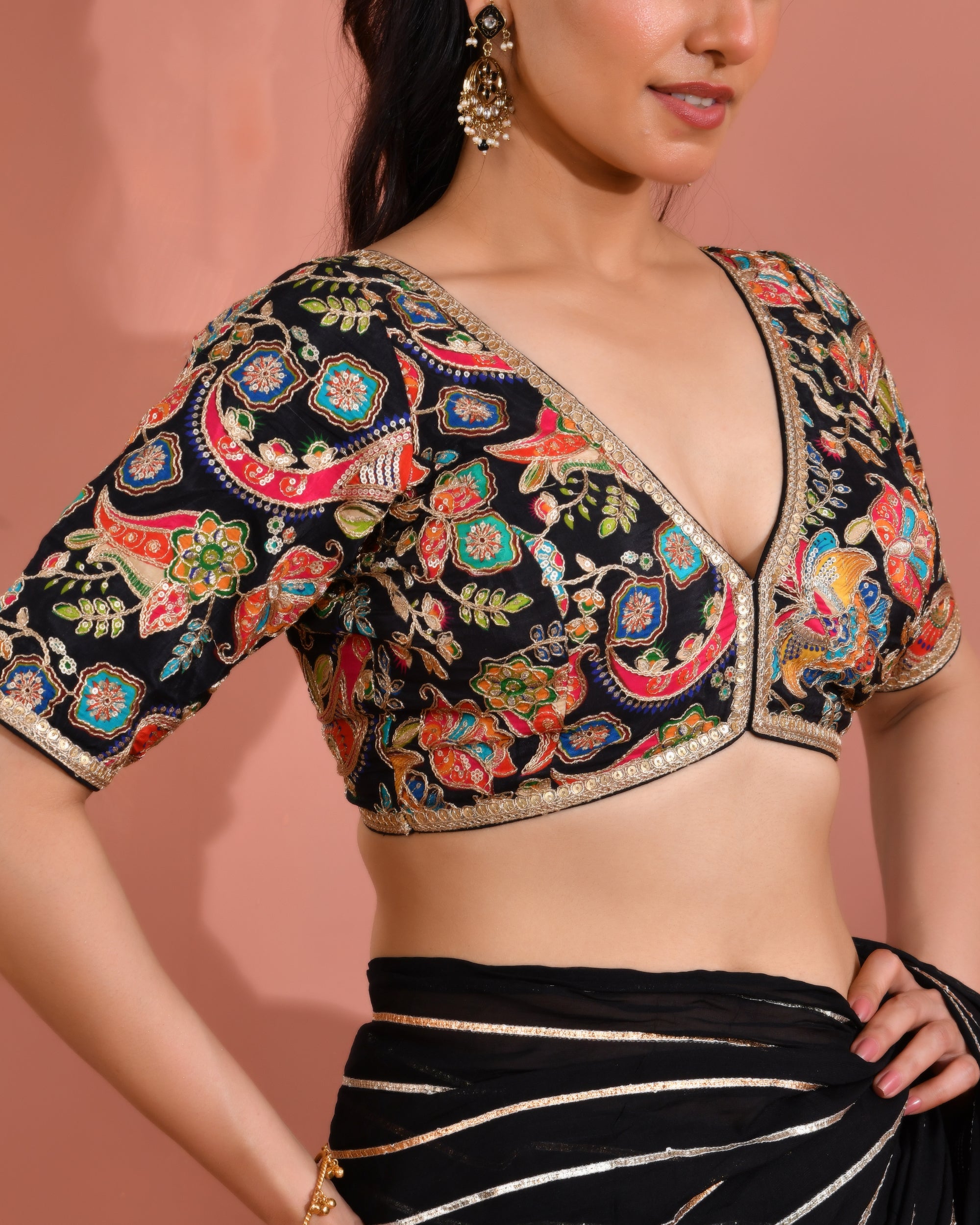 Black Embroidered Position Print Nyra Cut   Blouse with sleeves