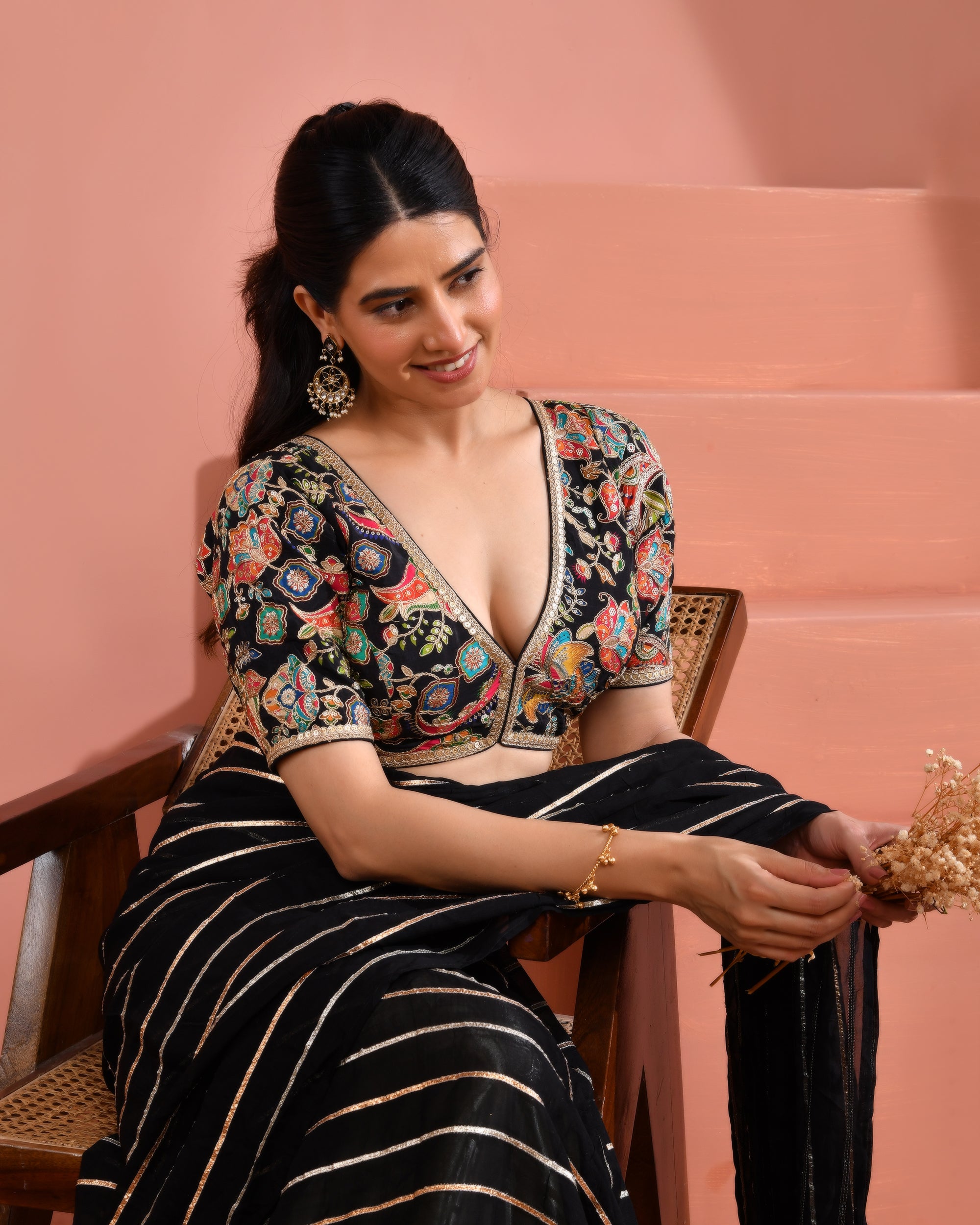 Black Embroidered Position Print Nyra Cut   Blouse with sleeves