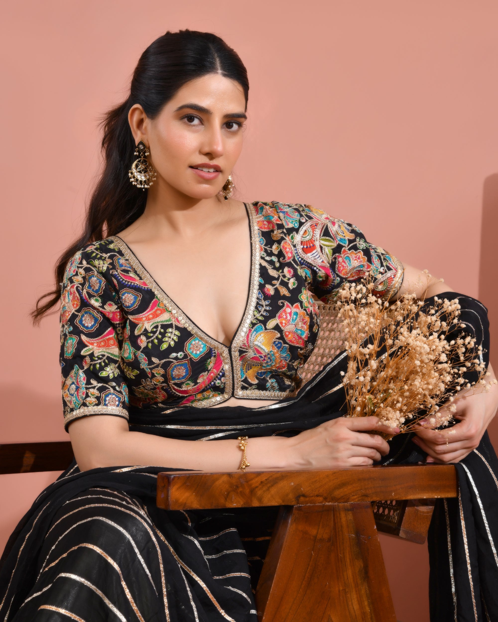 Black Embroidered Position Print Nyra Cut   Blouse with sleeves