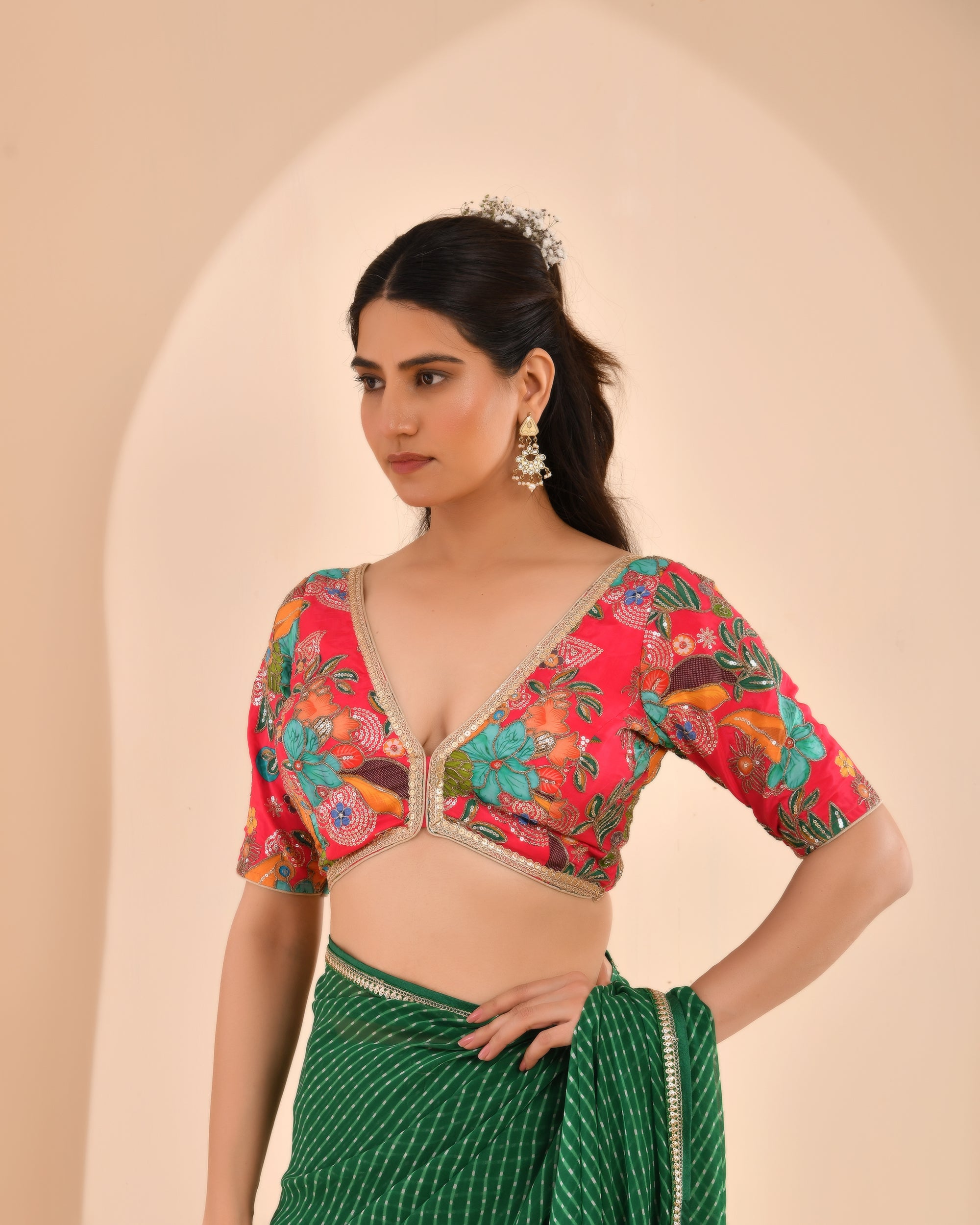 Pink Embroidered Position Print Nyra Cut Blouse with sleeves