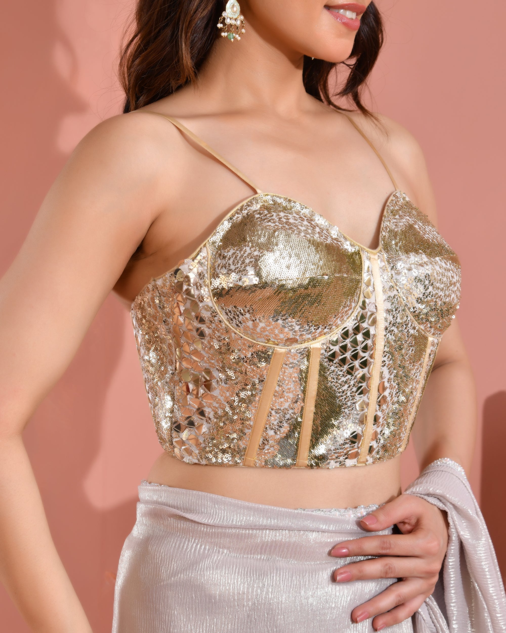 Golden Sequined mirror work corset style blouse