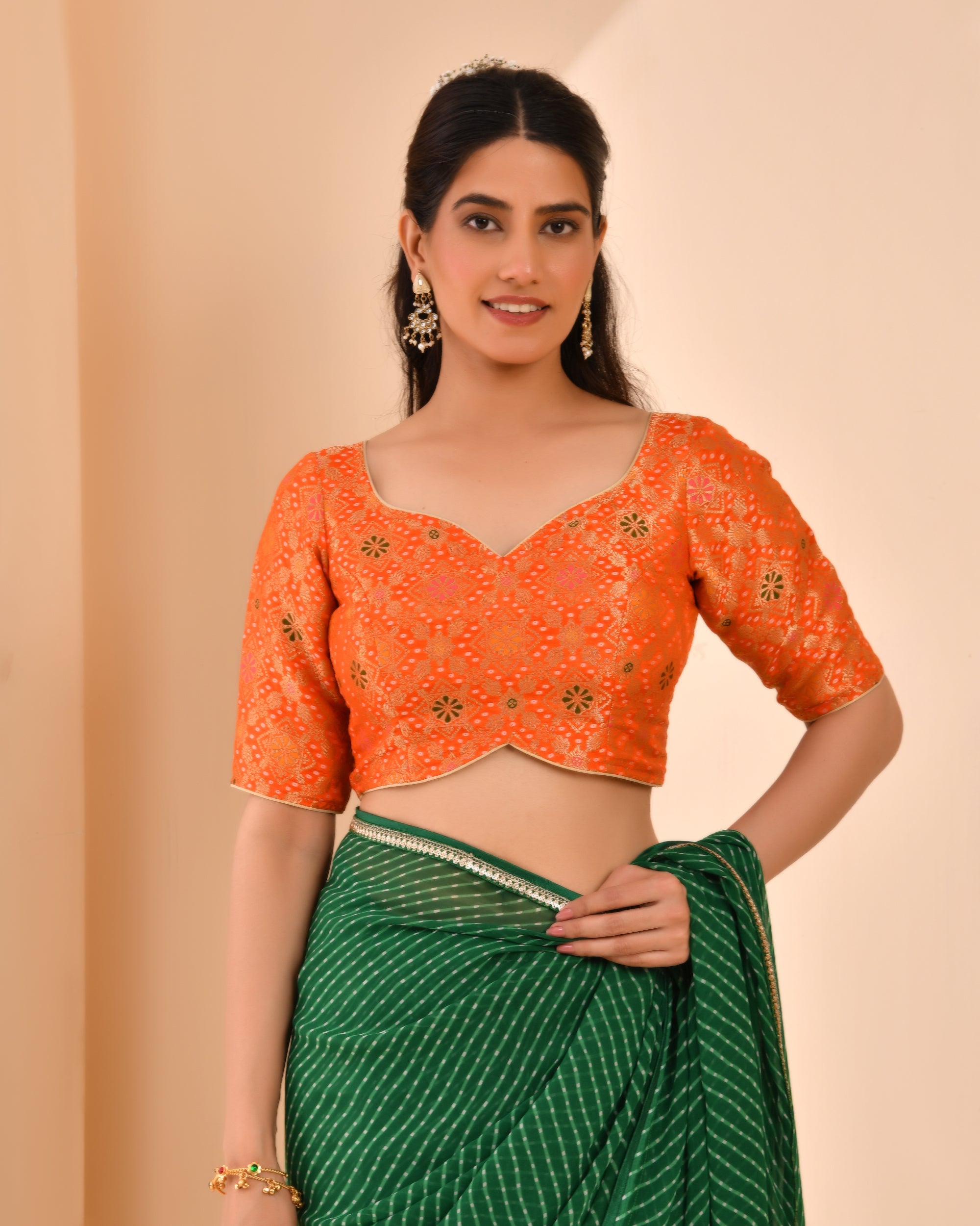 Orange Zari Bandhej Woven Dola Silk Blouse with sleeves
