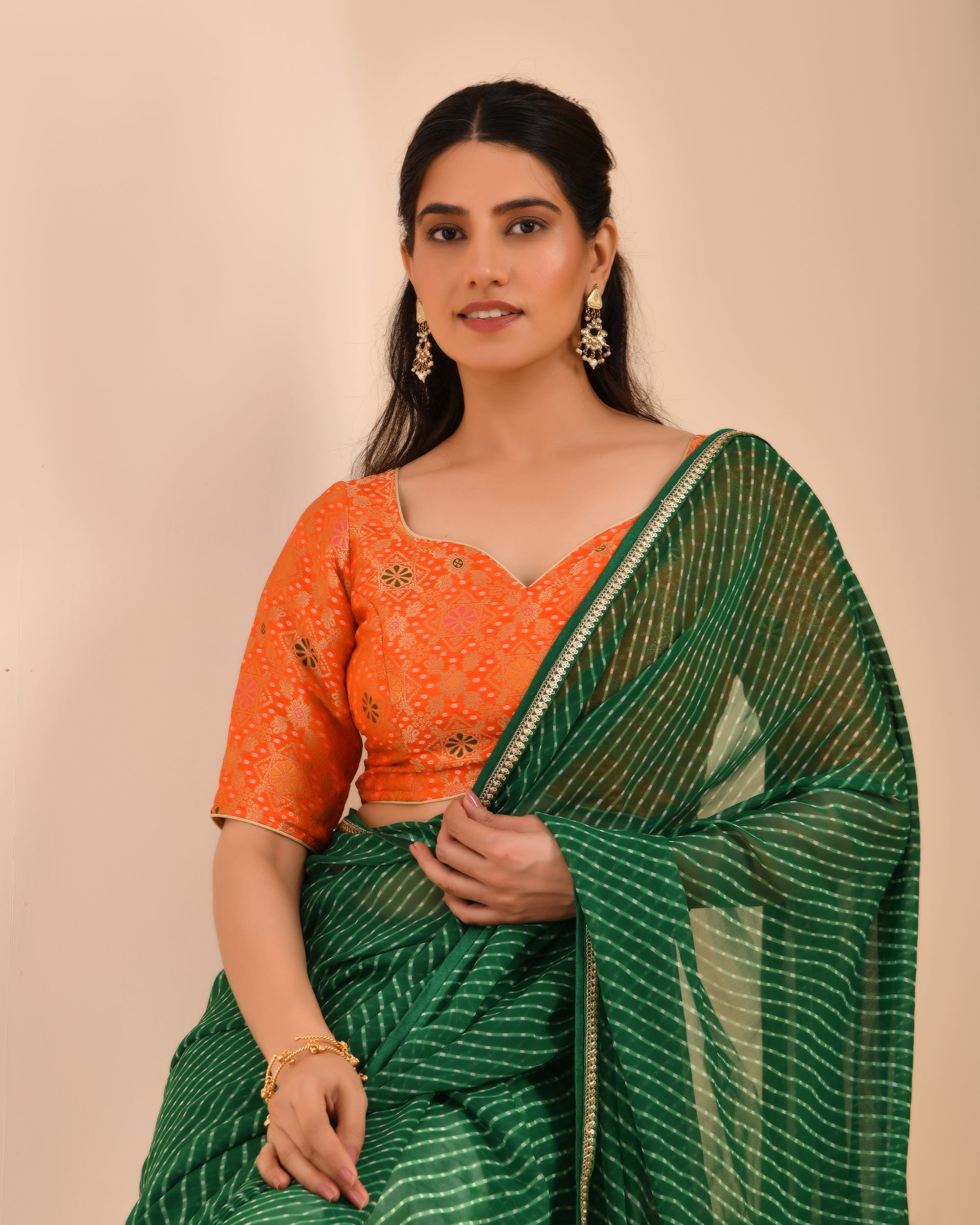 Orange Zari Bandhej Woven Dola Silk Blouse with sleeves