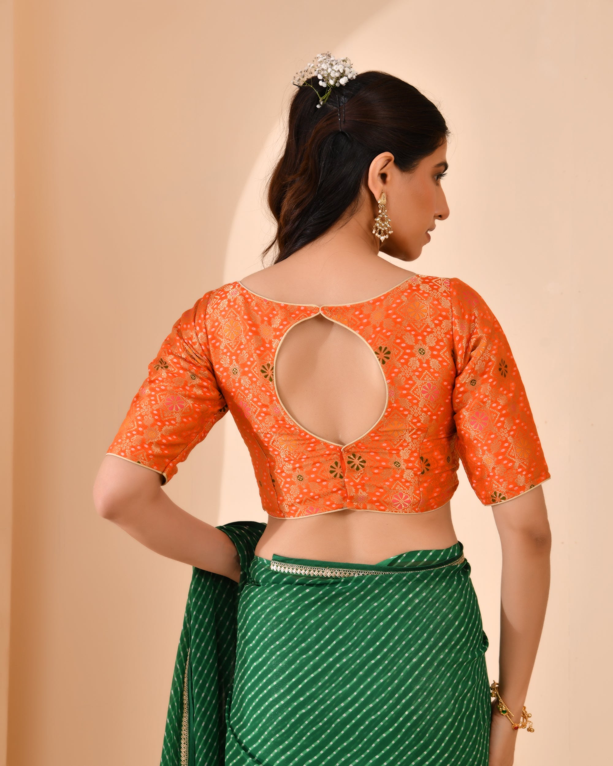 Orange Zari Bandhej Woven Dola Silk Blouse with sleeves