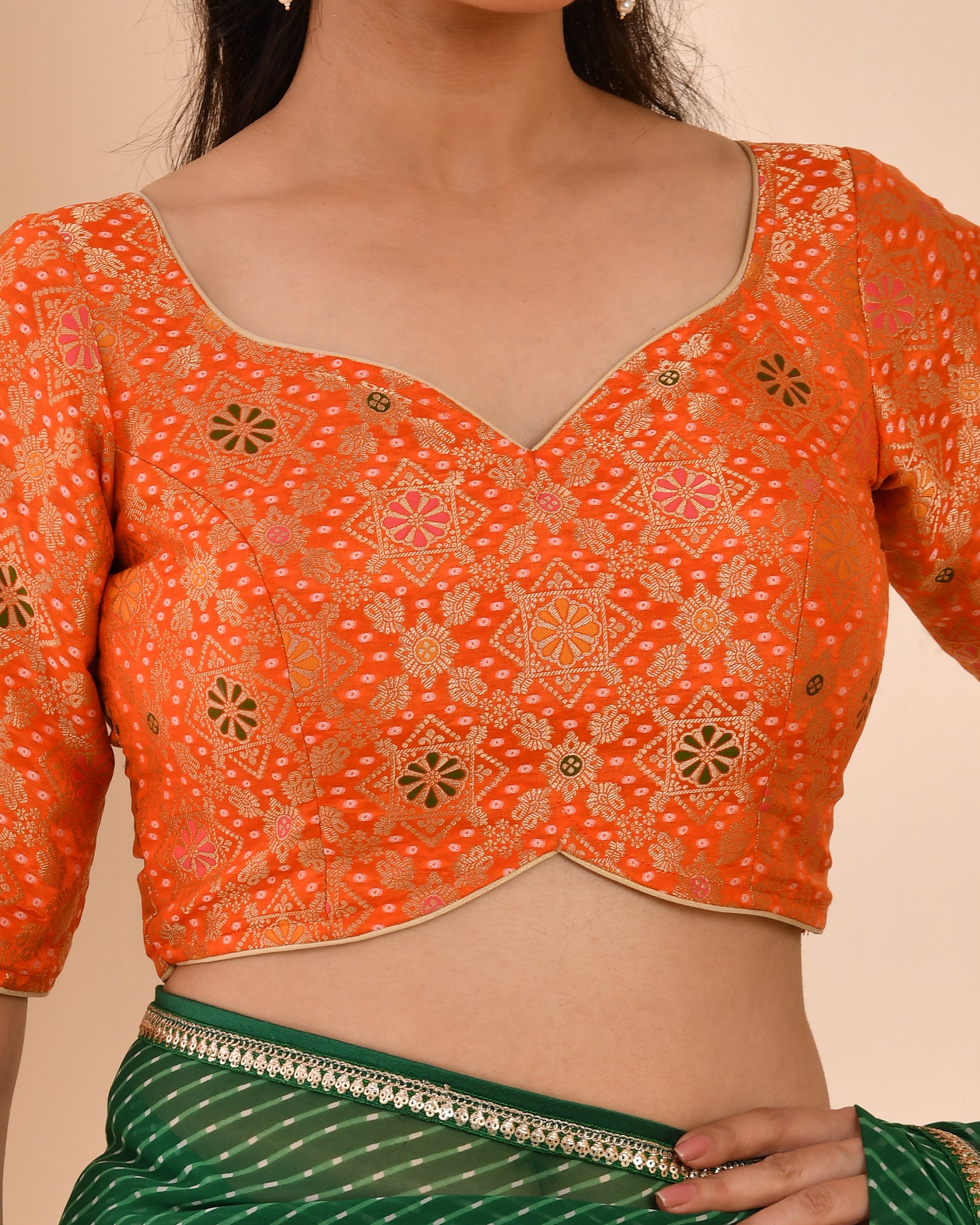 Orange Zari Bandhej Woven Dola Silk Blouse with sleeves