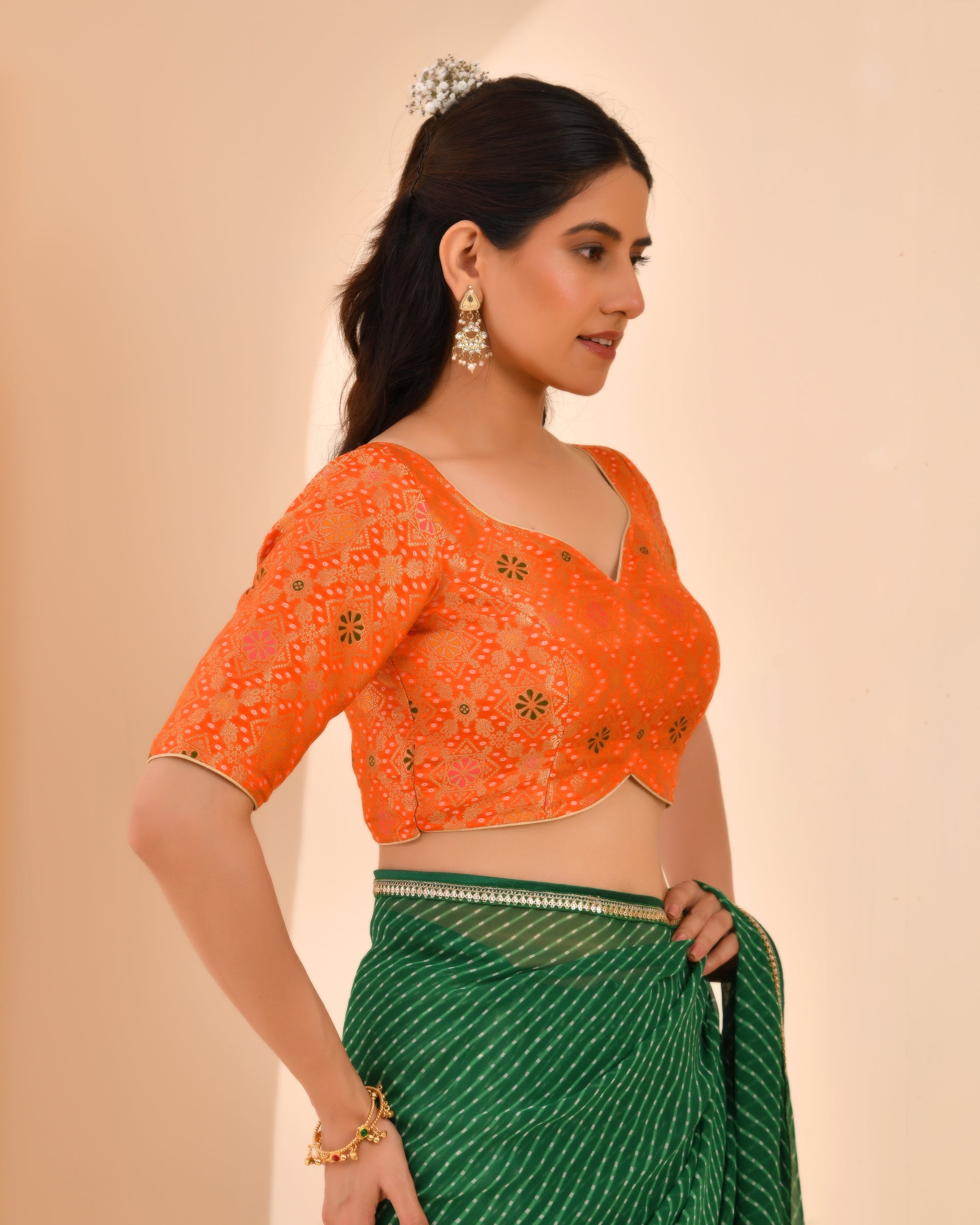 Orange Zari Bandhej Woven Dola Silk Blouse with sleeves