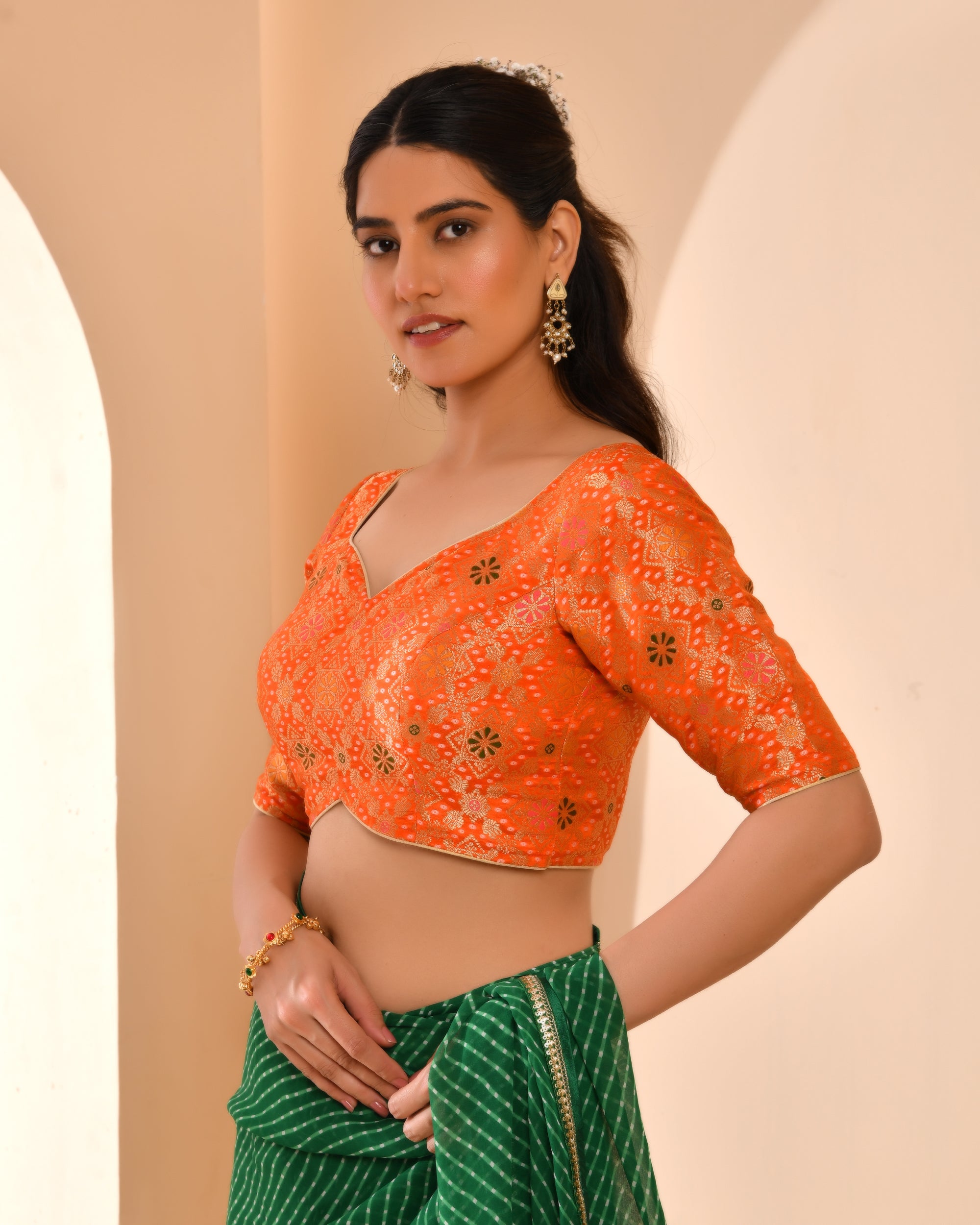 Orange Zari Bandhej Woven Dola Silk Blouse with sleeves