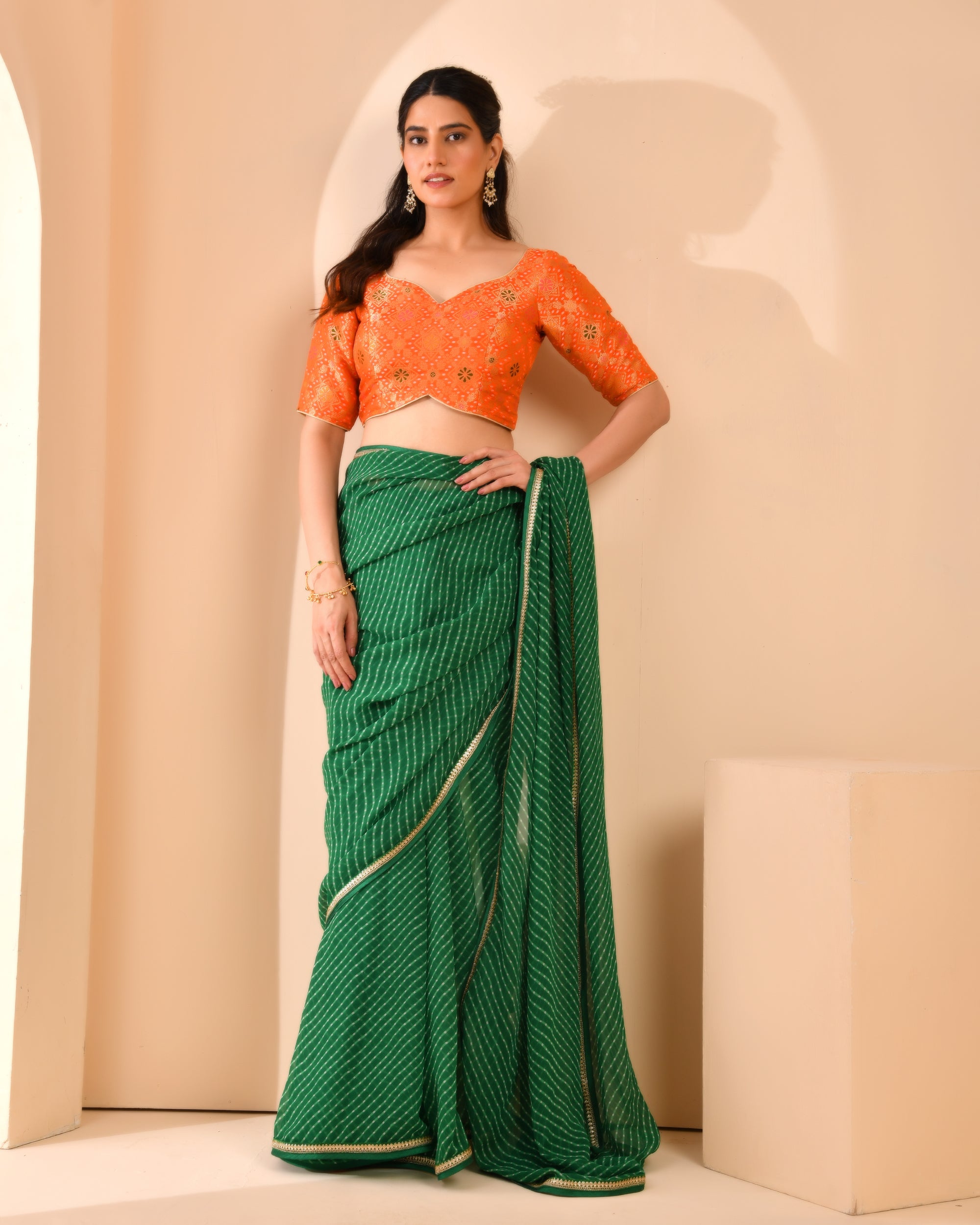 Orange Zari Bandhej Woven Dola Silk Blouse with sleeves