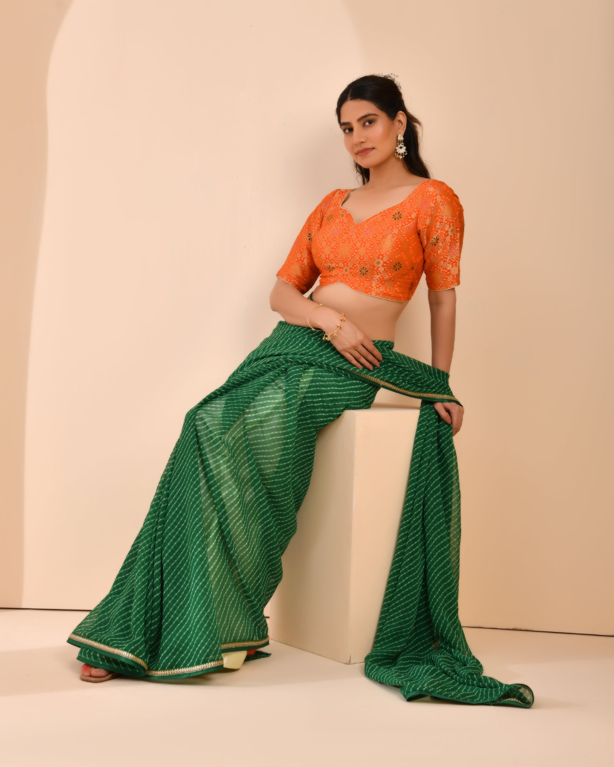 Orange Zari Bandhej Woven Dola Silk Blouse with sleeves