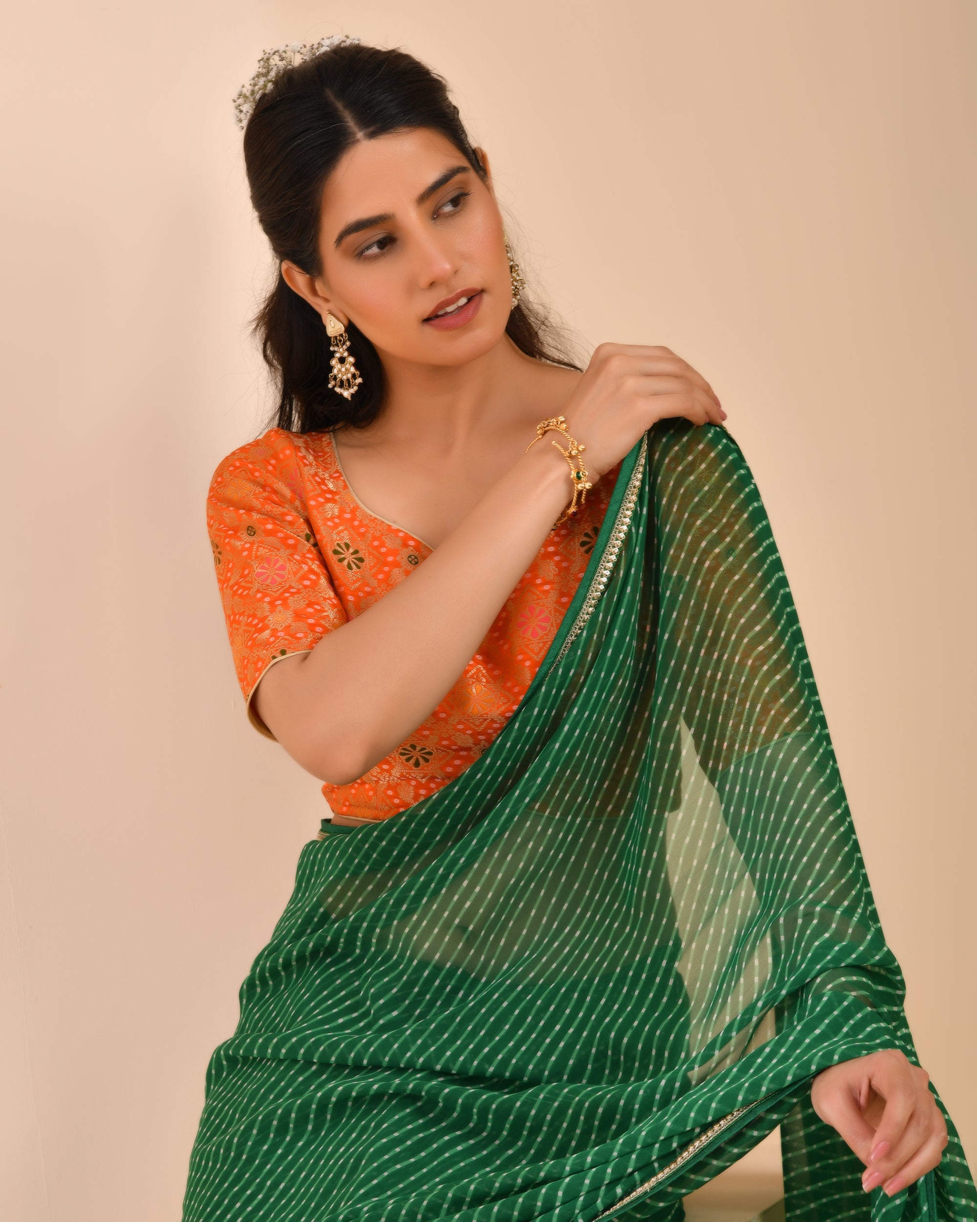 Orange Zari Bandhej Woven Dola Silk Blouse with sleeves