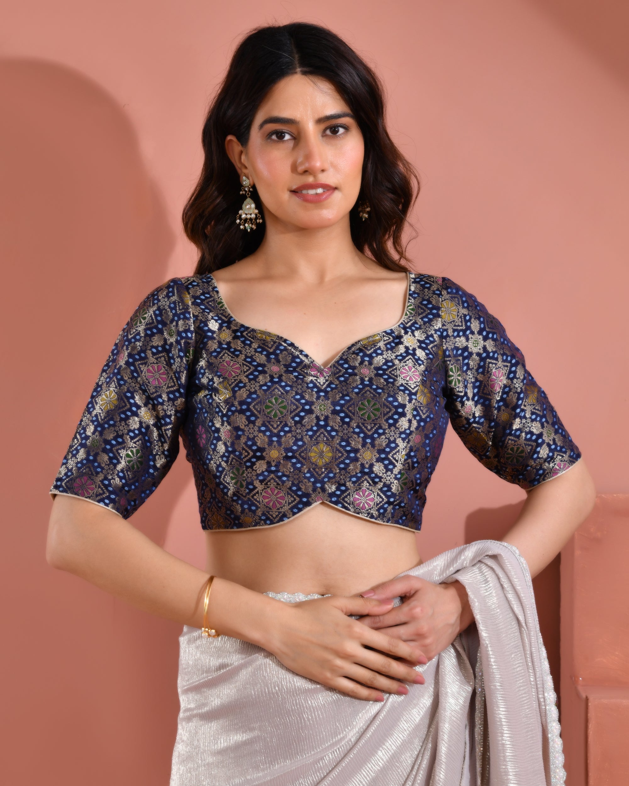 Navy Blue Zari Bandhej Woven Dola Silk Blouse with sleeves