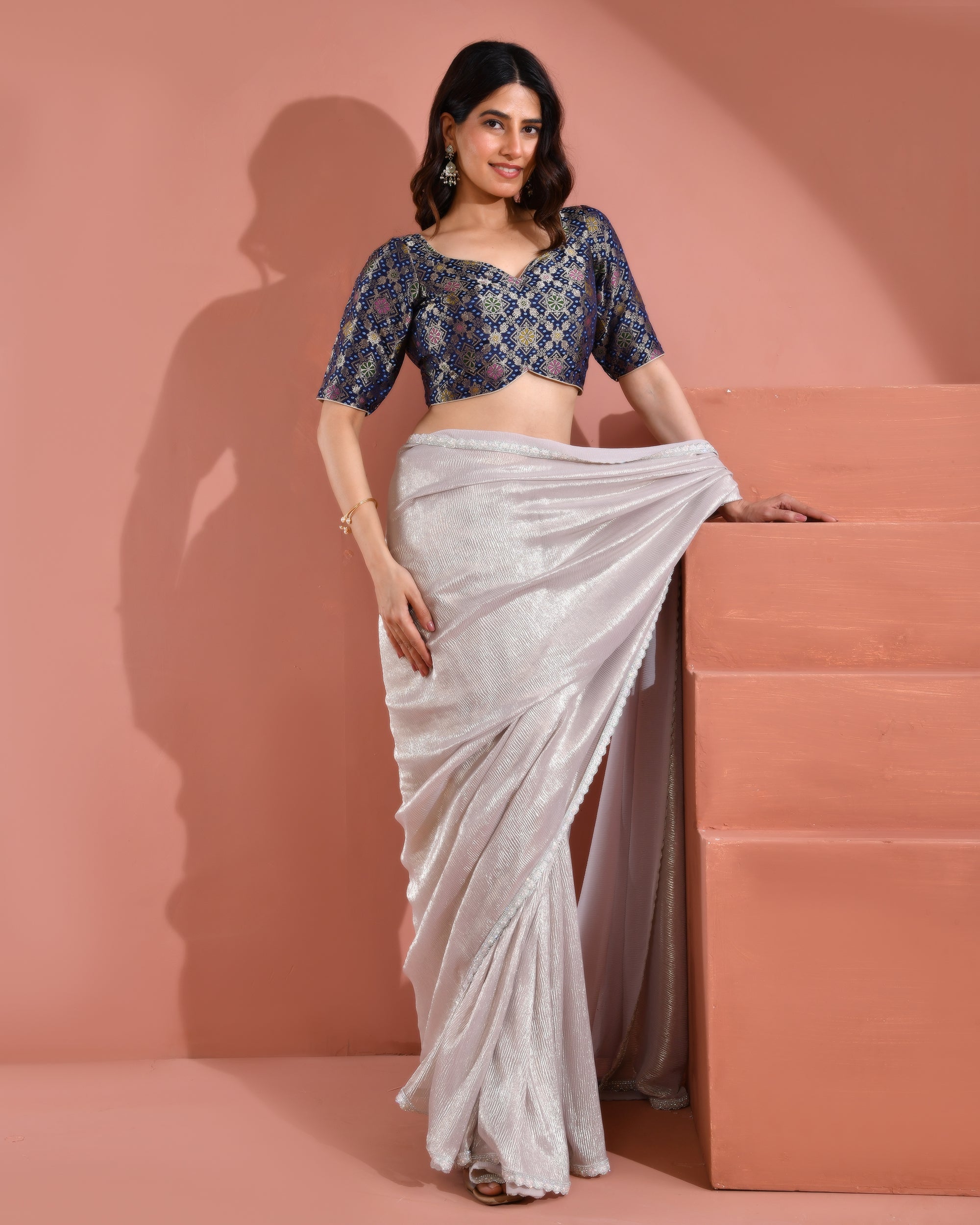 Navy Blue Zari Bandhej Woven Dola Silk Blouse with sleeves