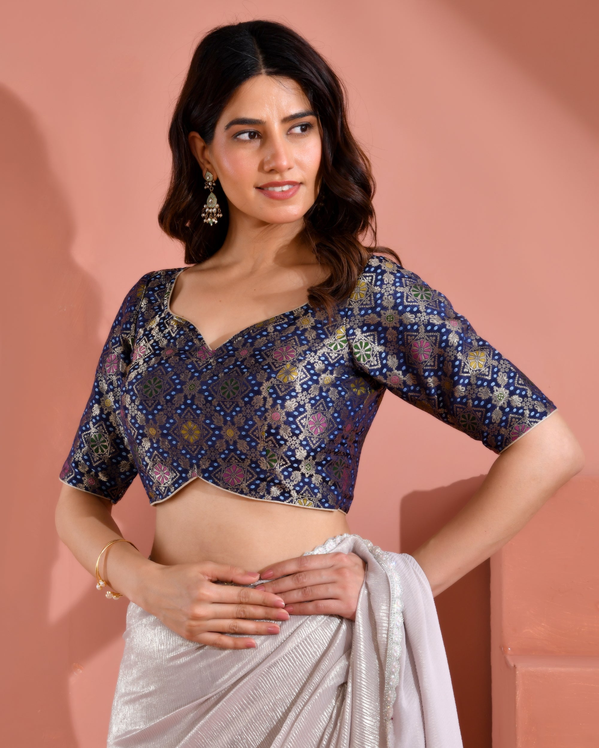Navy Blue Zari Bandhej Woven Dola Silk Blouse with sleeves