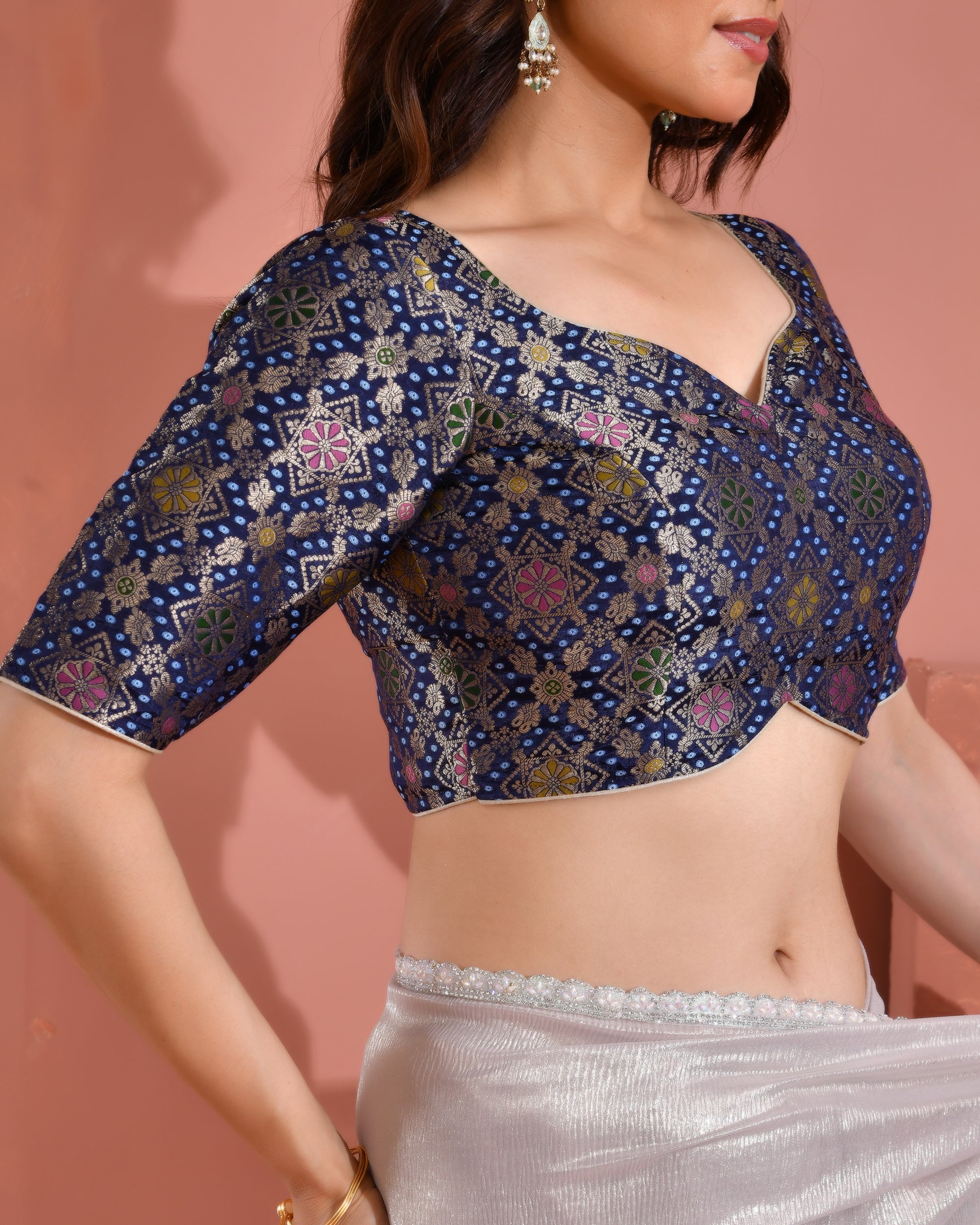 Navy Blue Zari Bandhej Woven Dola Silk Blouse with sleeves