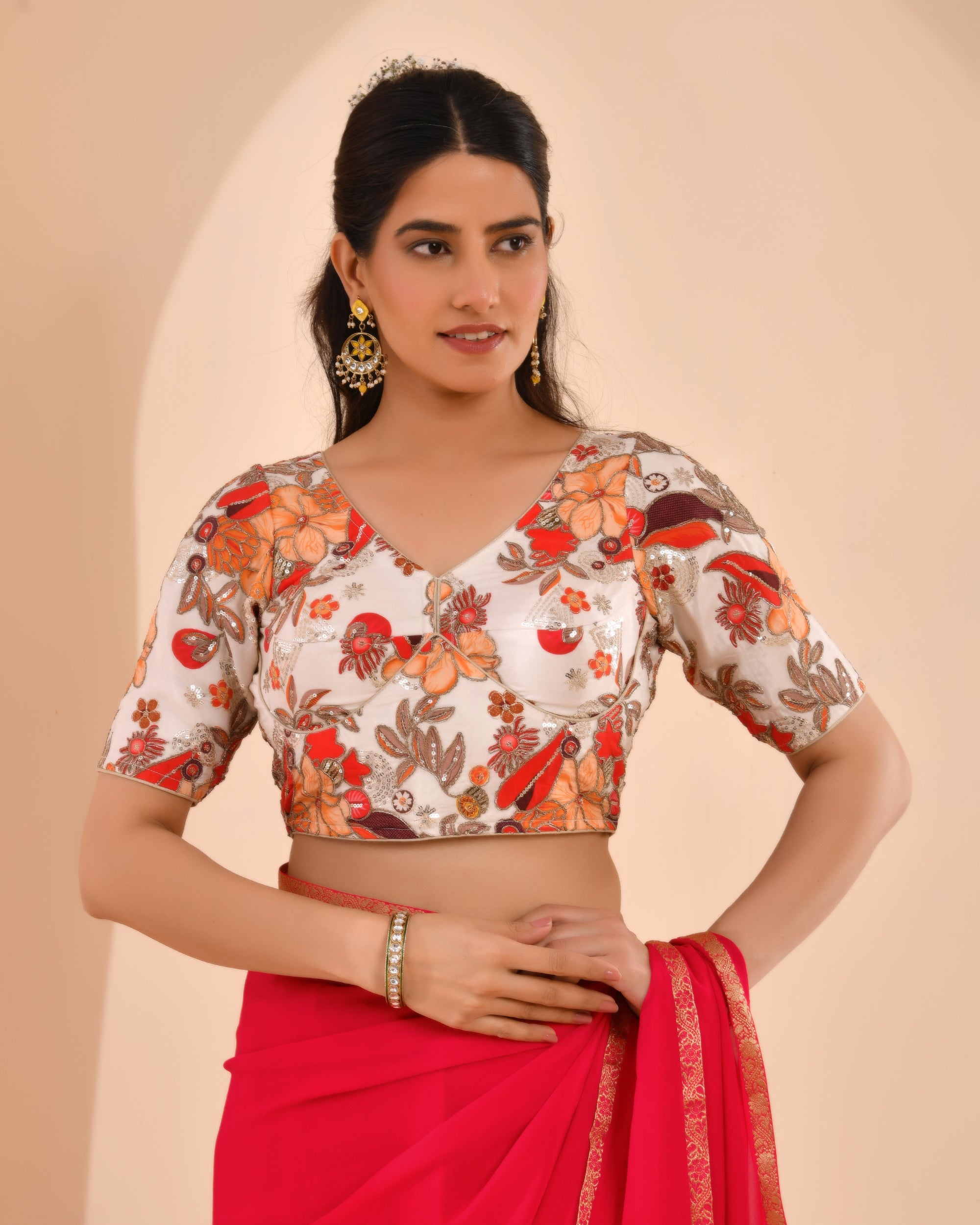 Ivory white Embroidery Position Print Pure Crepe Blouse With Sleeves