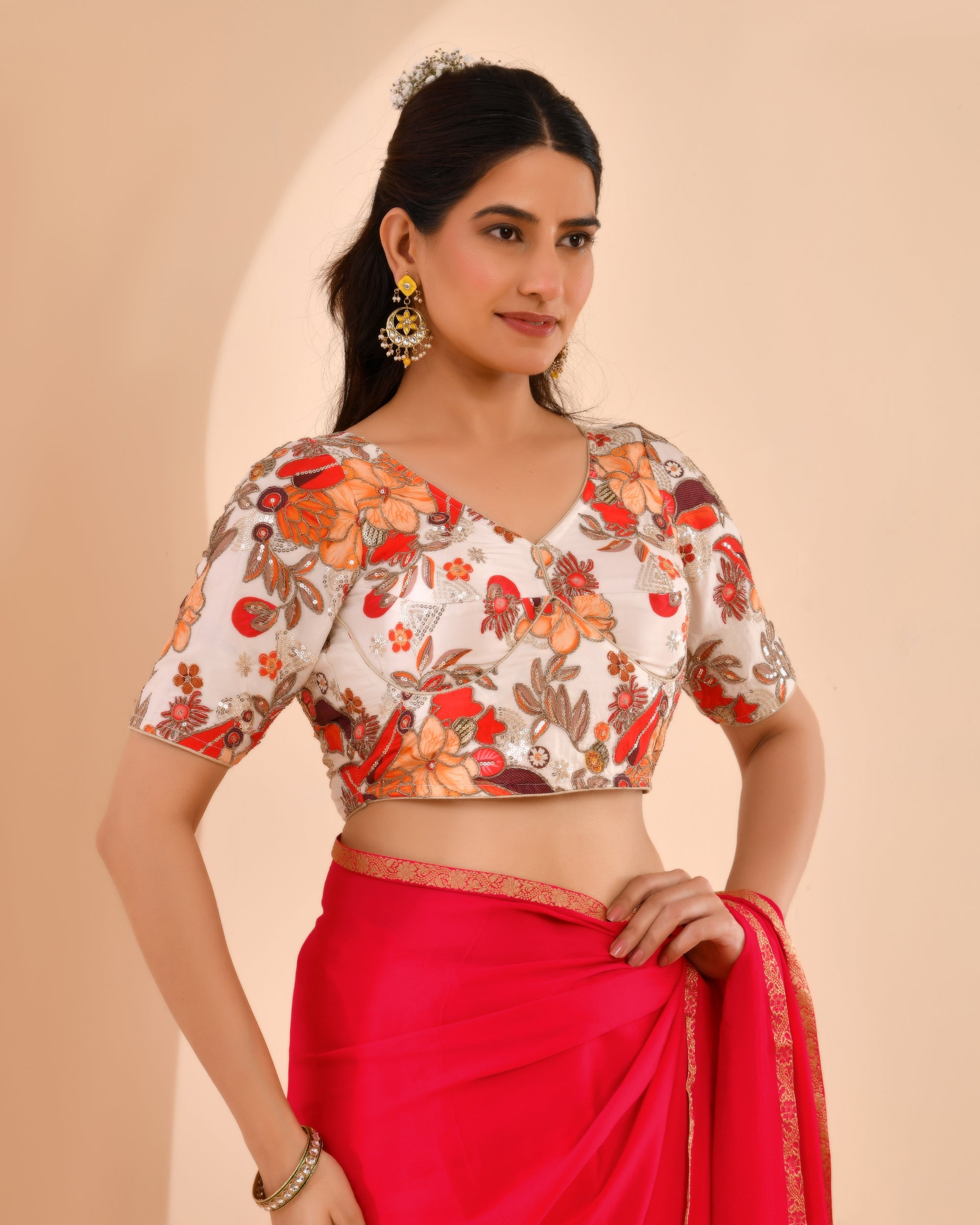 Ivory white Embroidery Position Print Pure Crepe Blouse With Sleeves