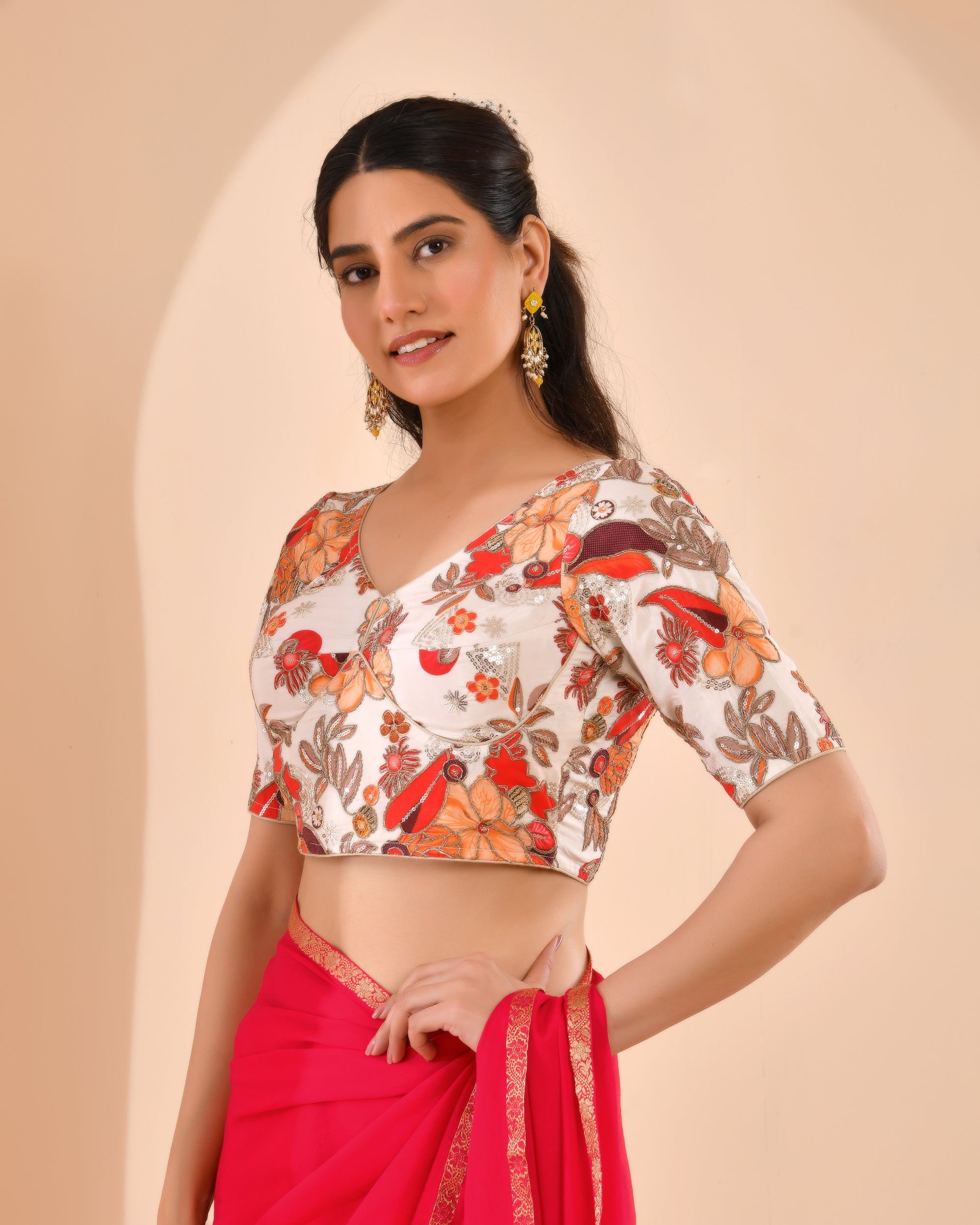 Ivory white Embroidery Position Print Pure Crepe Blouse With Sleeves
