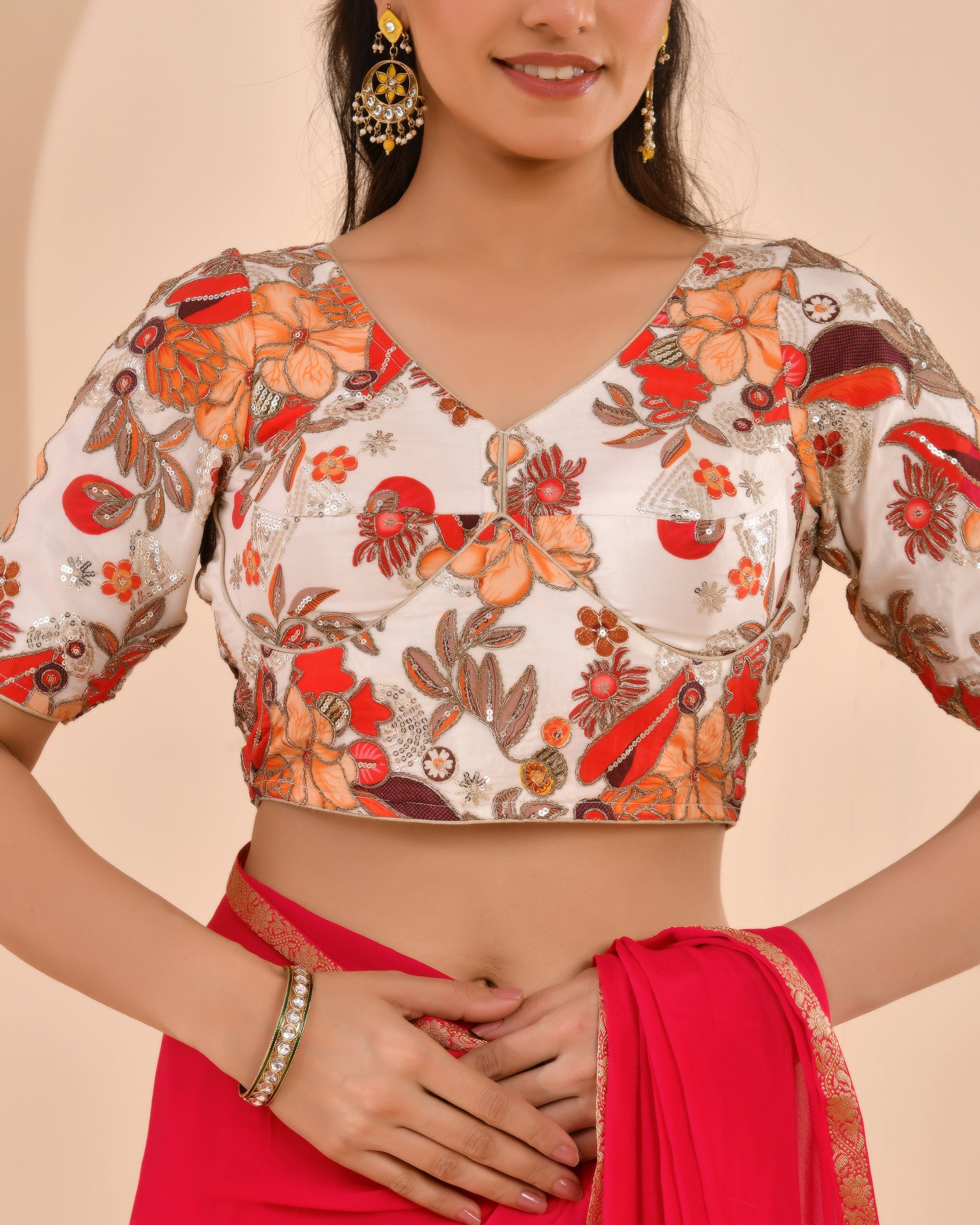 Ivory white Embroidery Position Print Pure Crepe Blouse With Sleeves