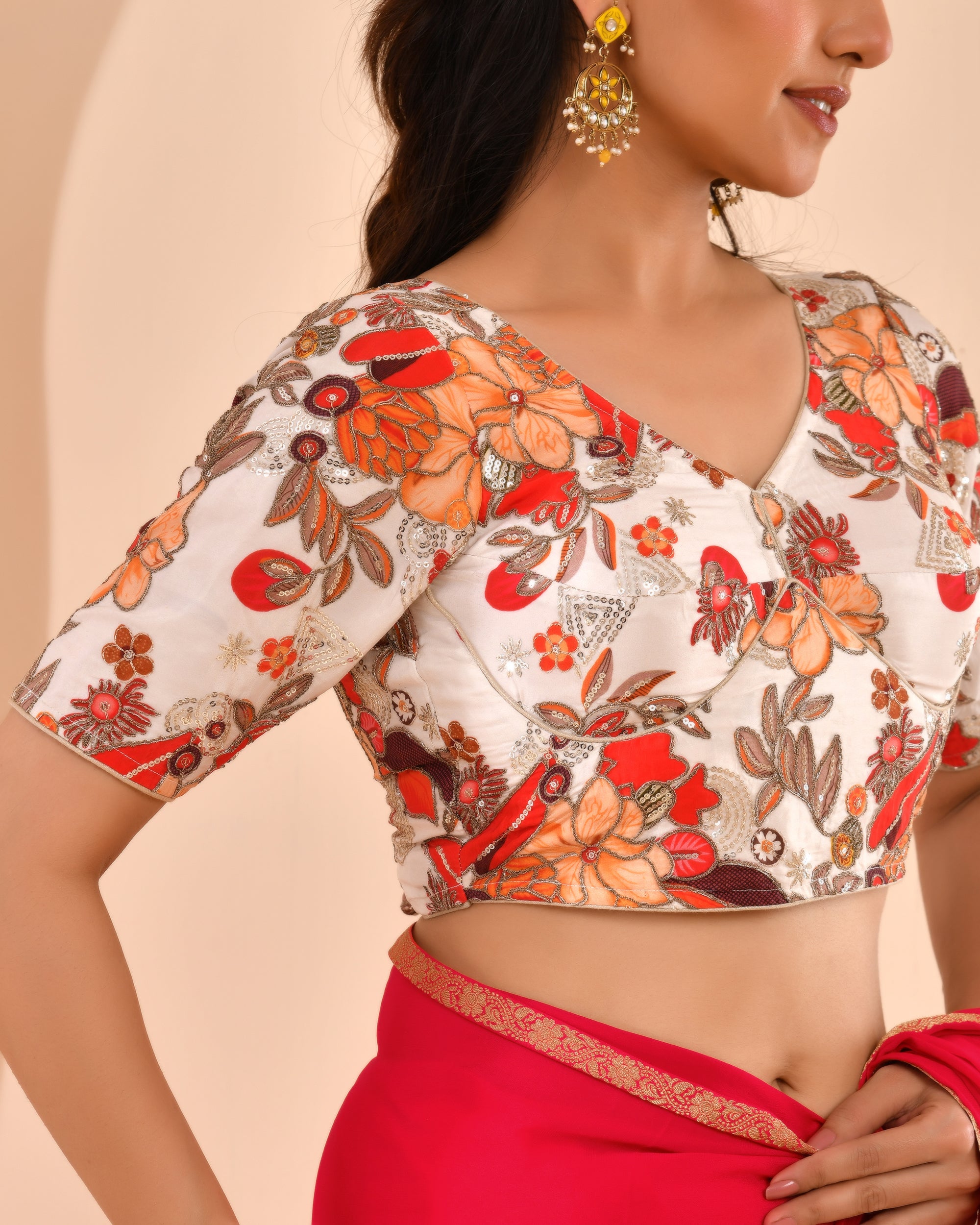 Ivory white Embroidery Position Print Pure Crepe Blouse With Sleeves
