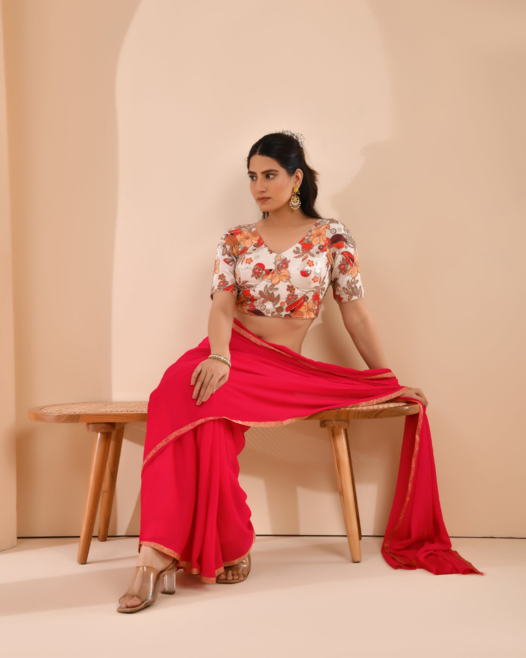 Ivory white Embroidery Position Print Pure Crepe Blouse With Sleeves