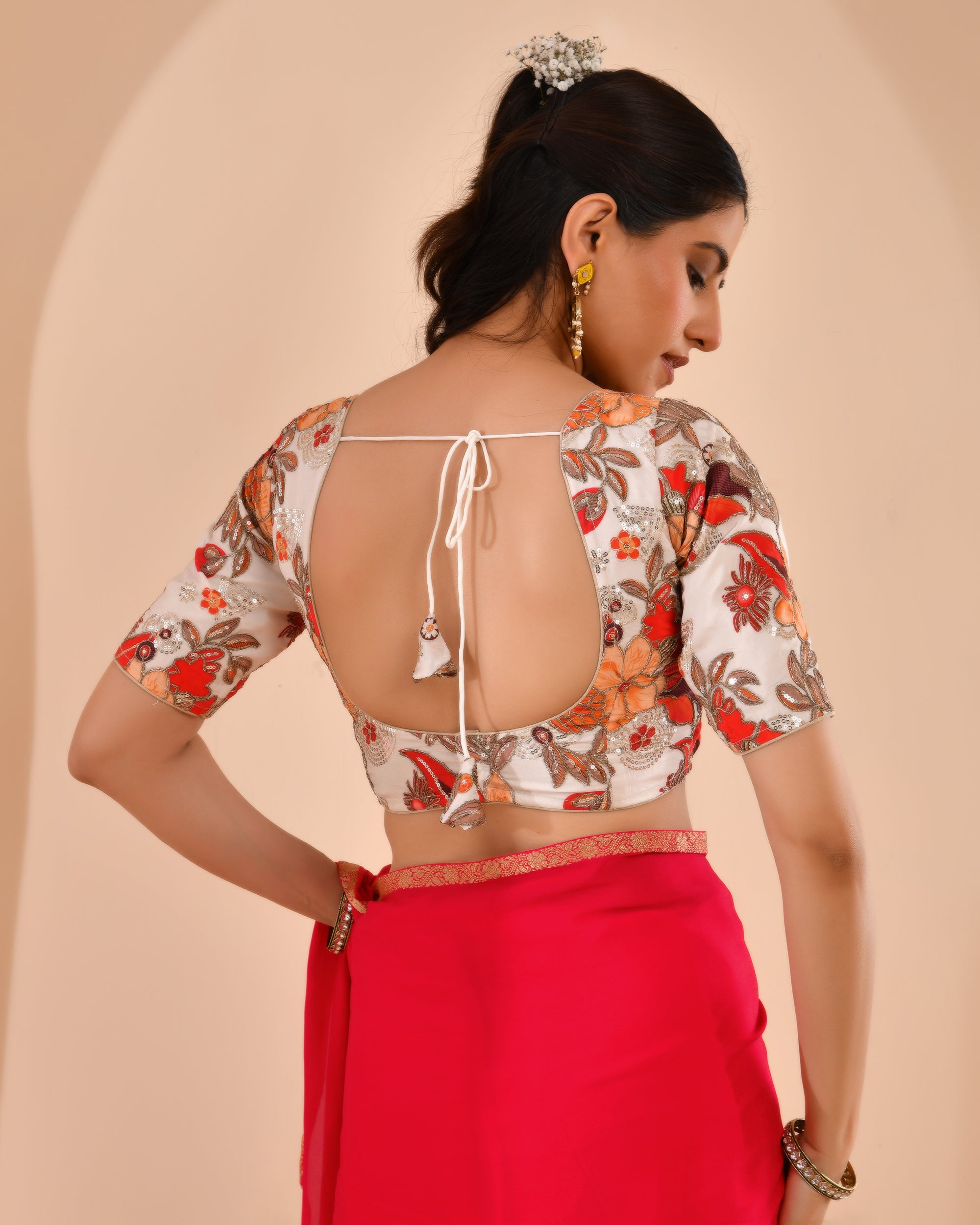 Ivory white Embroidery Position Print Pure Crepe Blouse With Sleeves