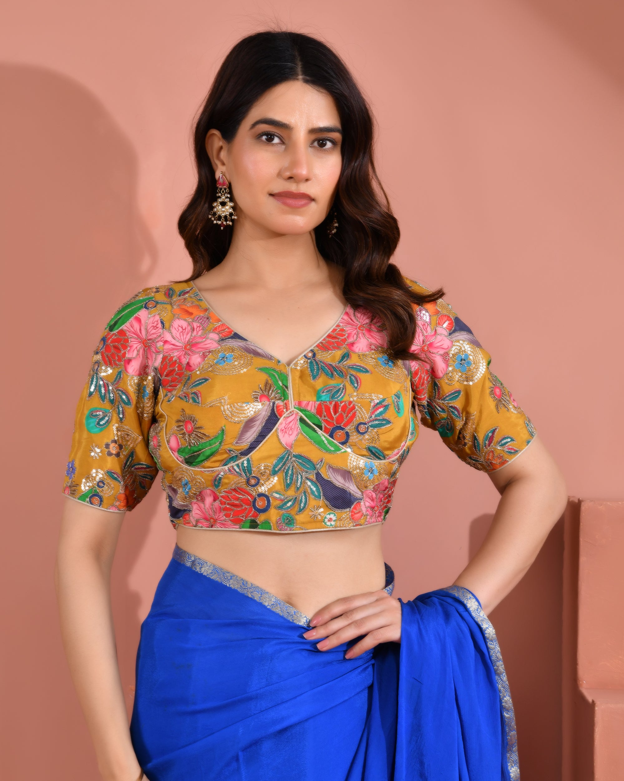 Mustard Yellow Embroidery Position Print Pure Crepe Blouse With Sleeves