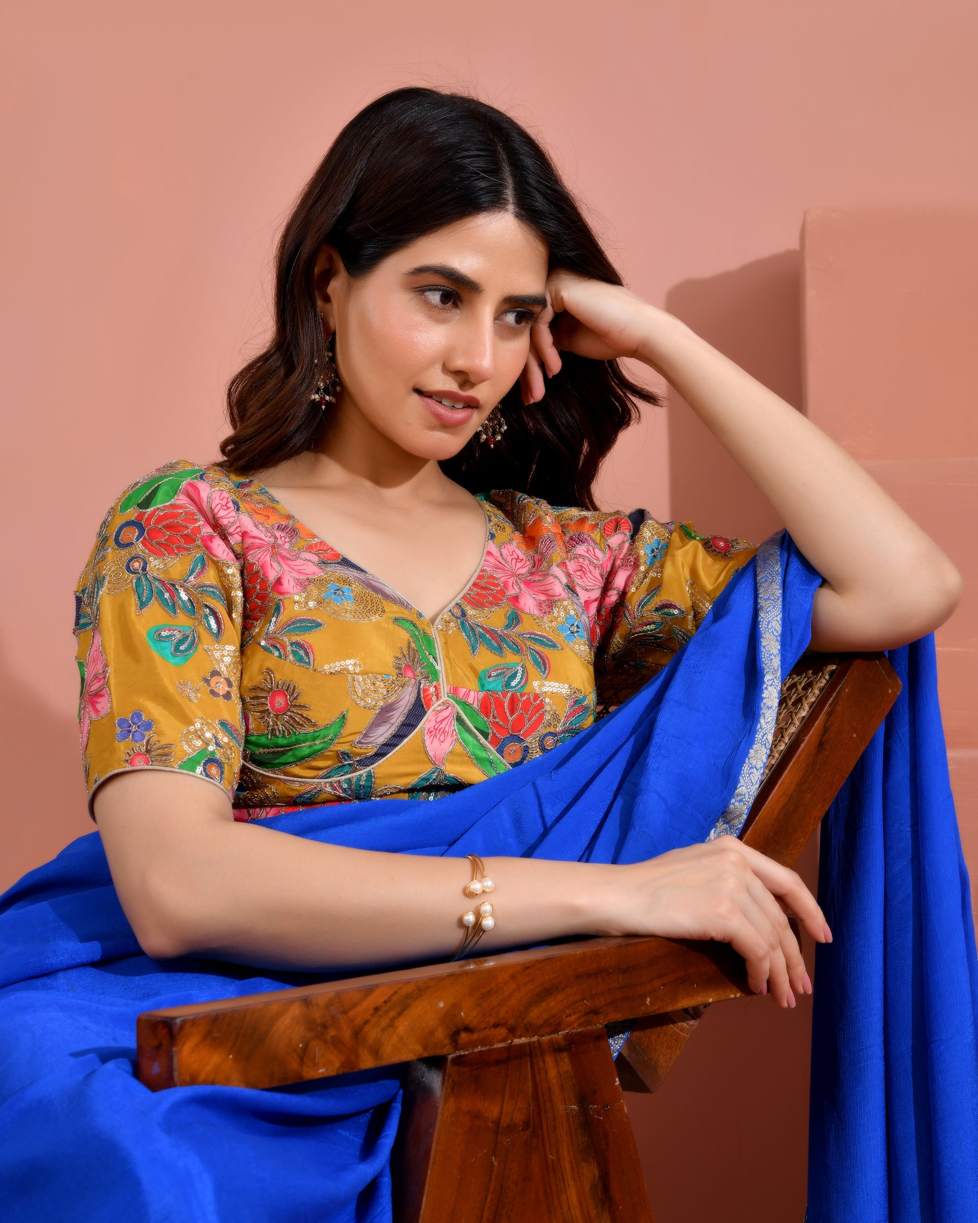 Mustard Yellow Embroidery Position Print Pure Crepe Blouse With Sleeves