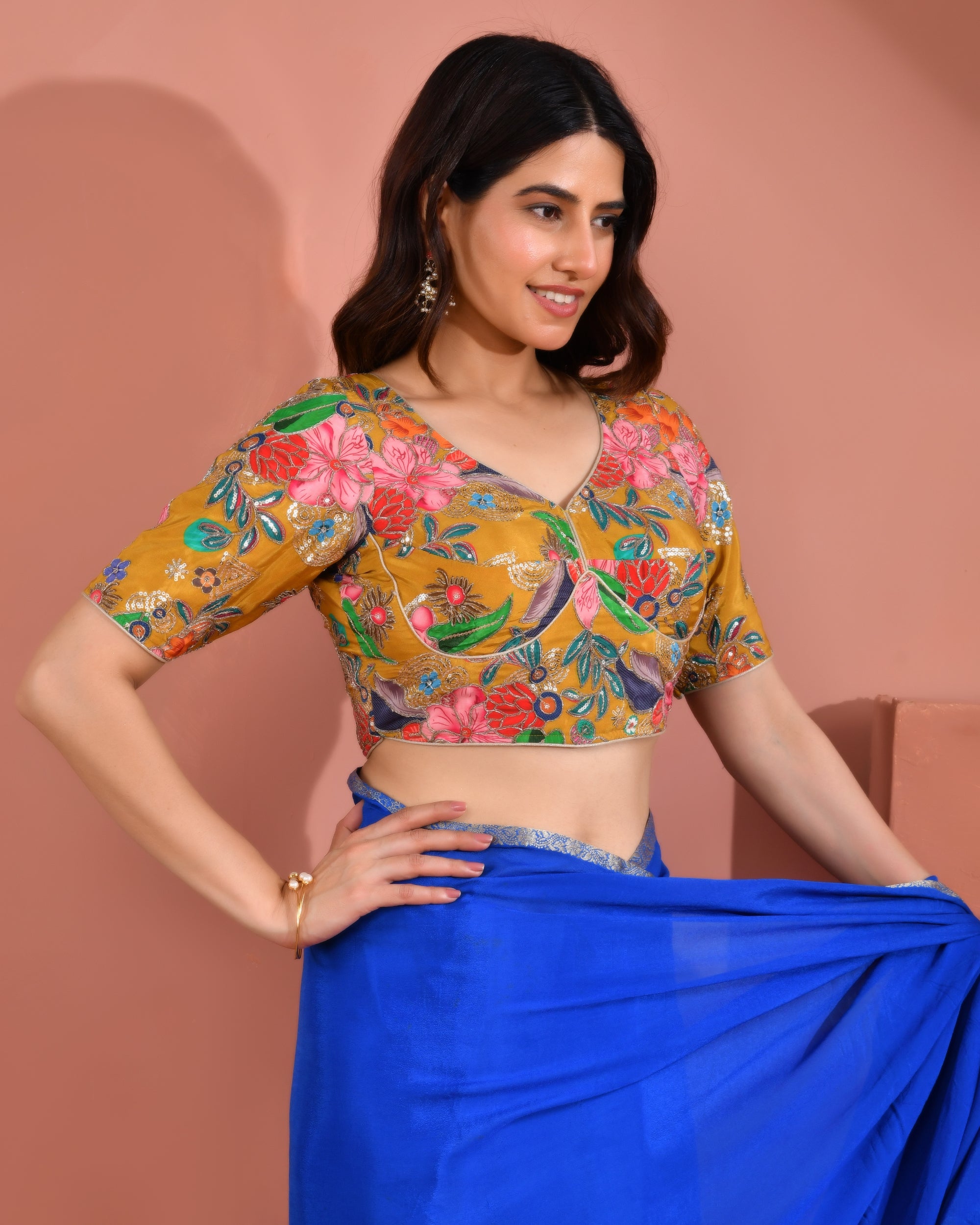 Mustard Yellow Embroidery Position Print Pure Crepe Blouse With Sleeves