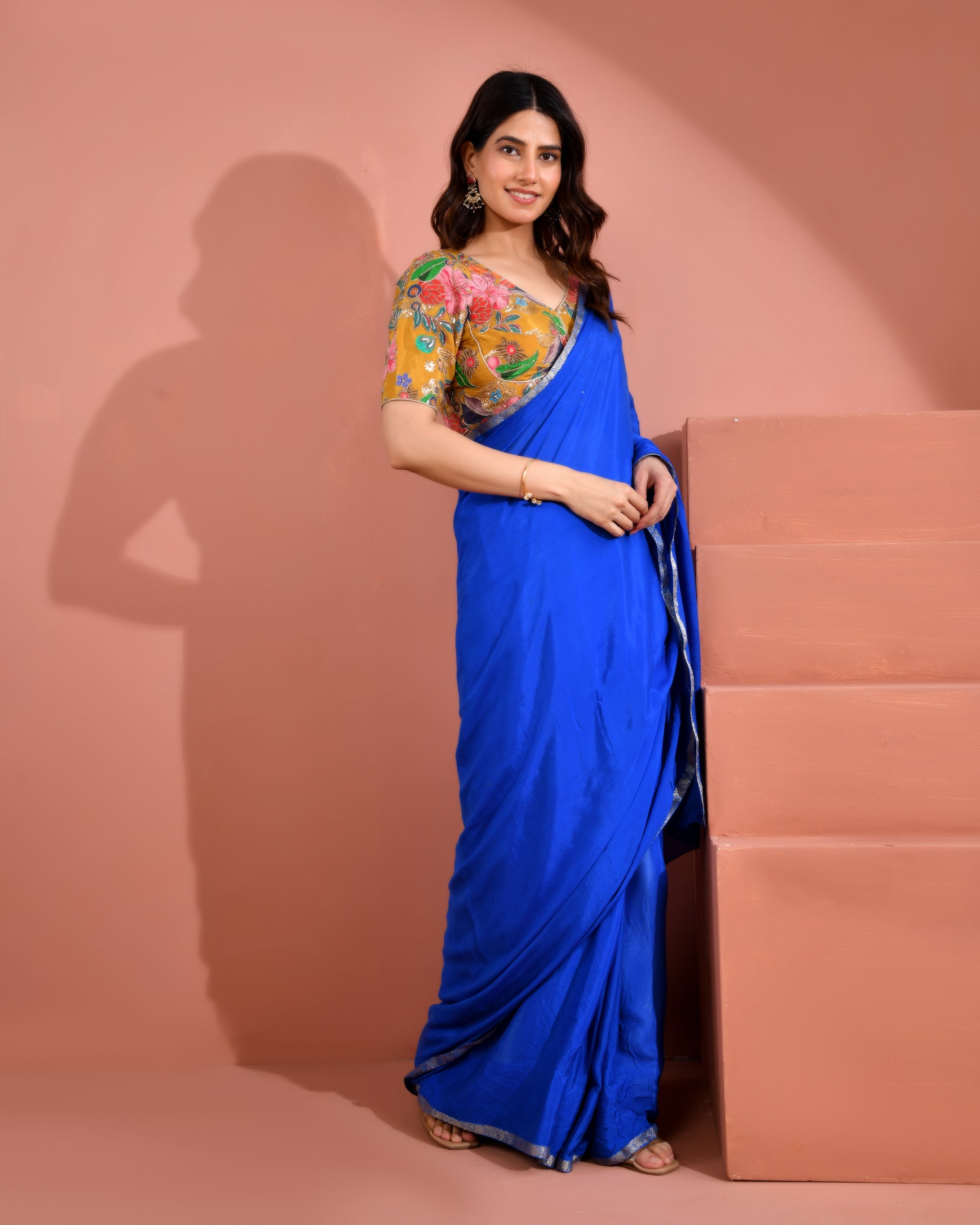 Mustard Yellow Embroidery Position Print Pure Crepe Blouse With Sleeves