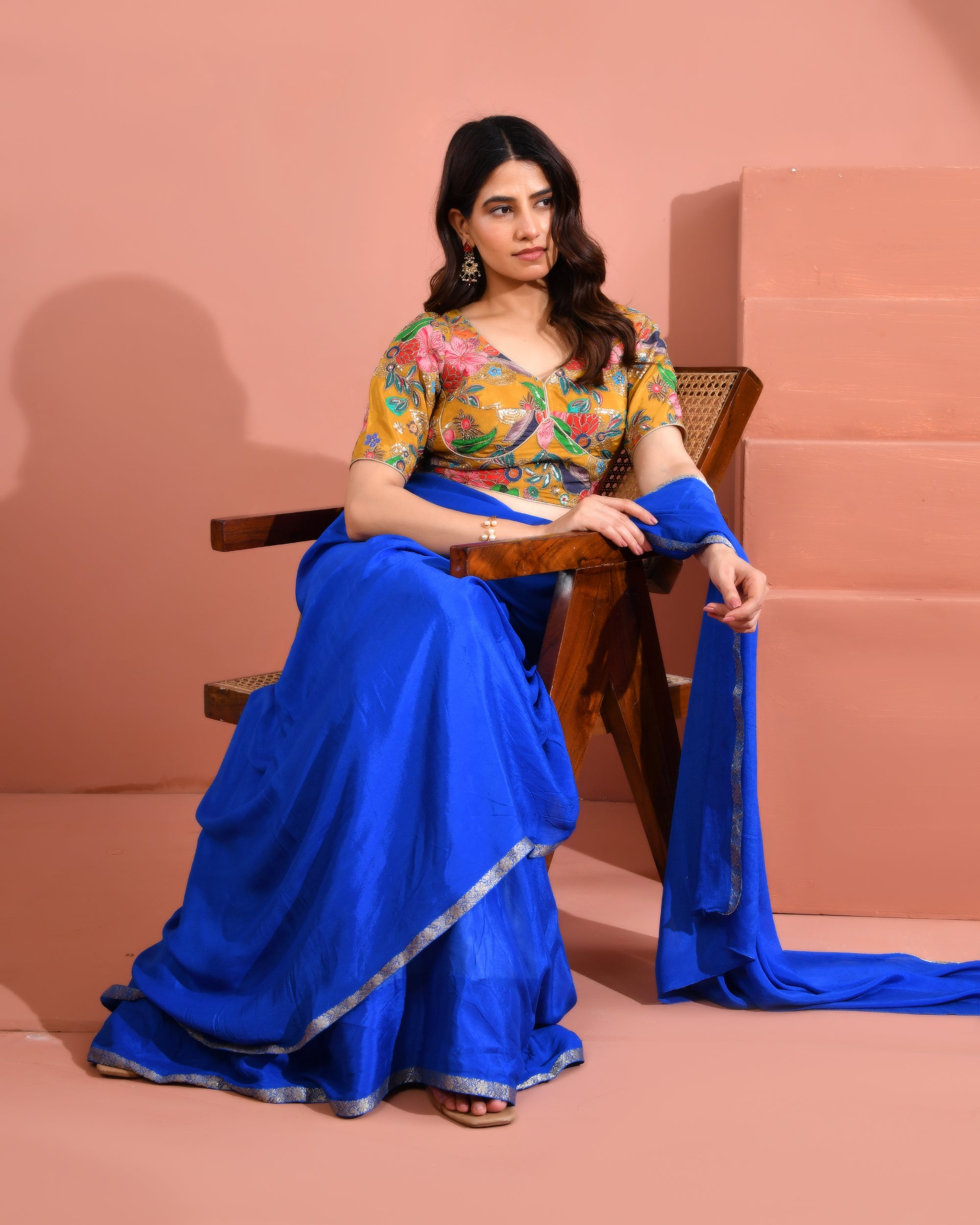 Mustard Yellow Embroidery Position Print Pure Crepe Blouse With Sleeves