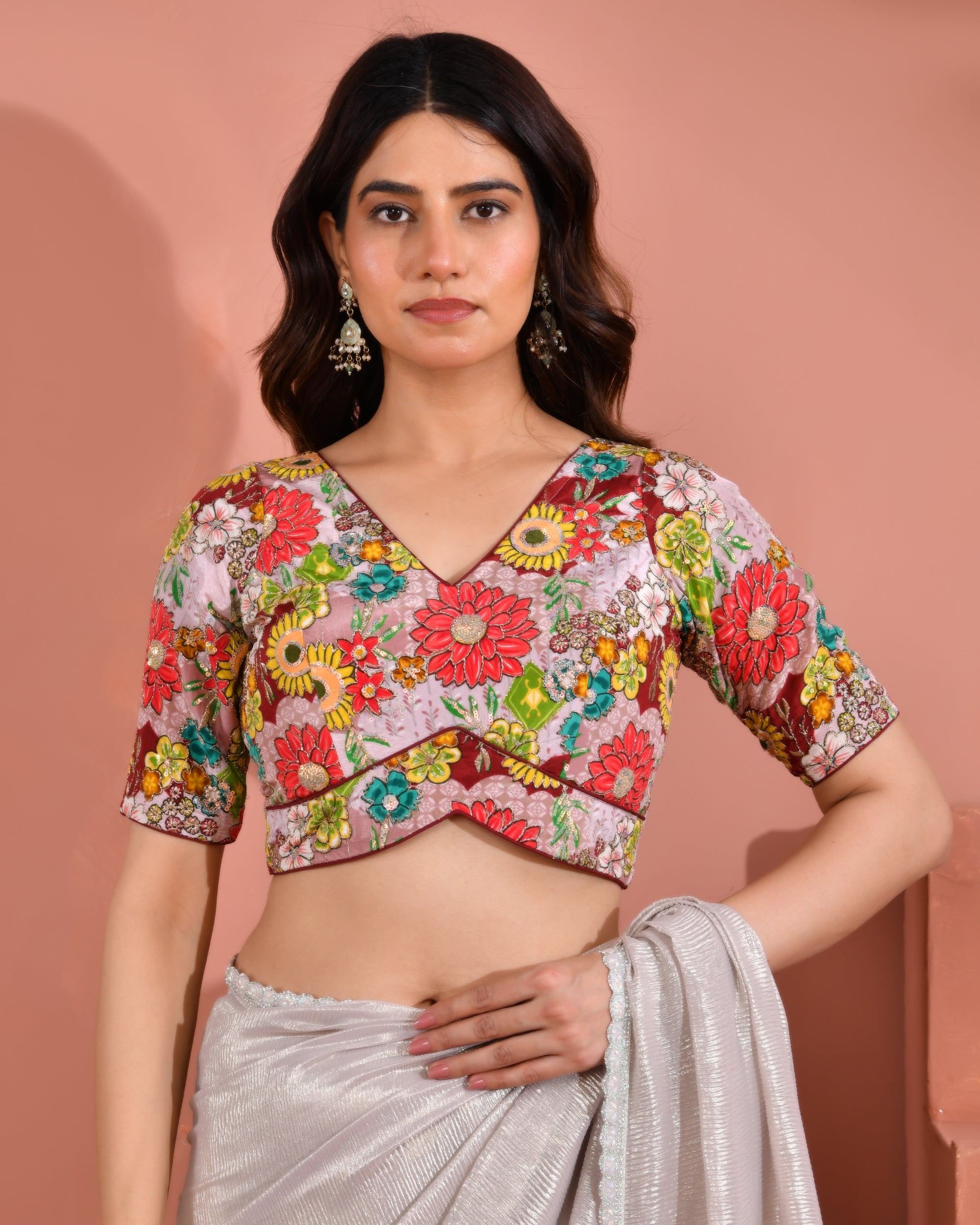 Mauve Sequined Zari Multicolored Postion Print Blouse with Sleeves