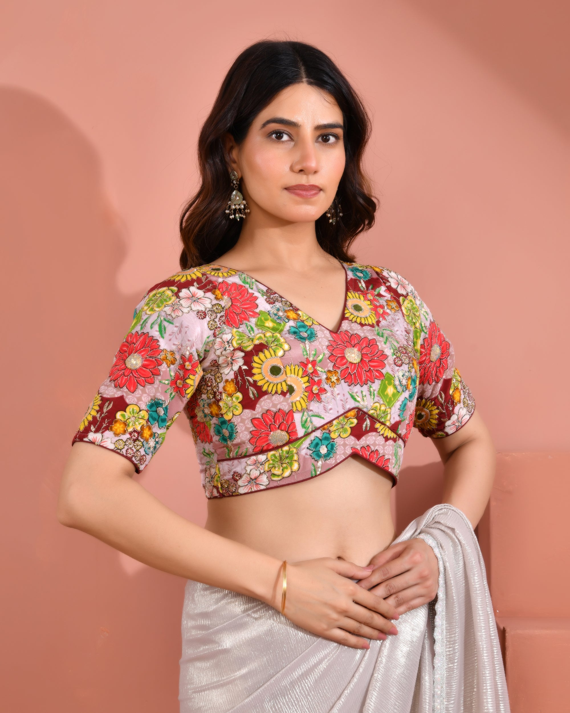 Mauve Sequined Zari Multicolored Postion Print Blouse with Sleeves