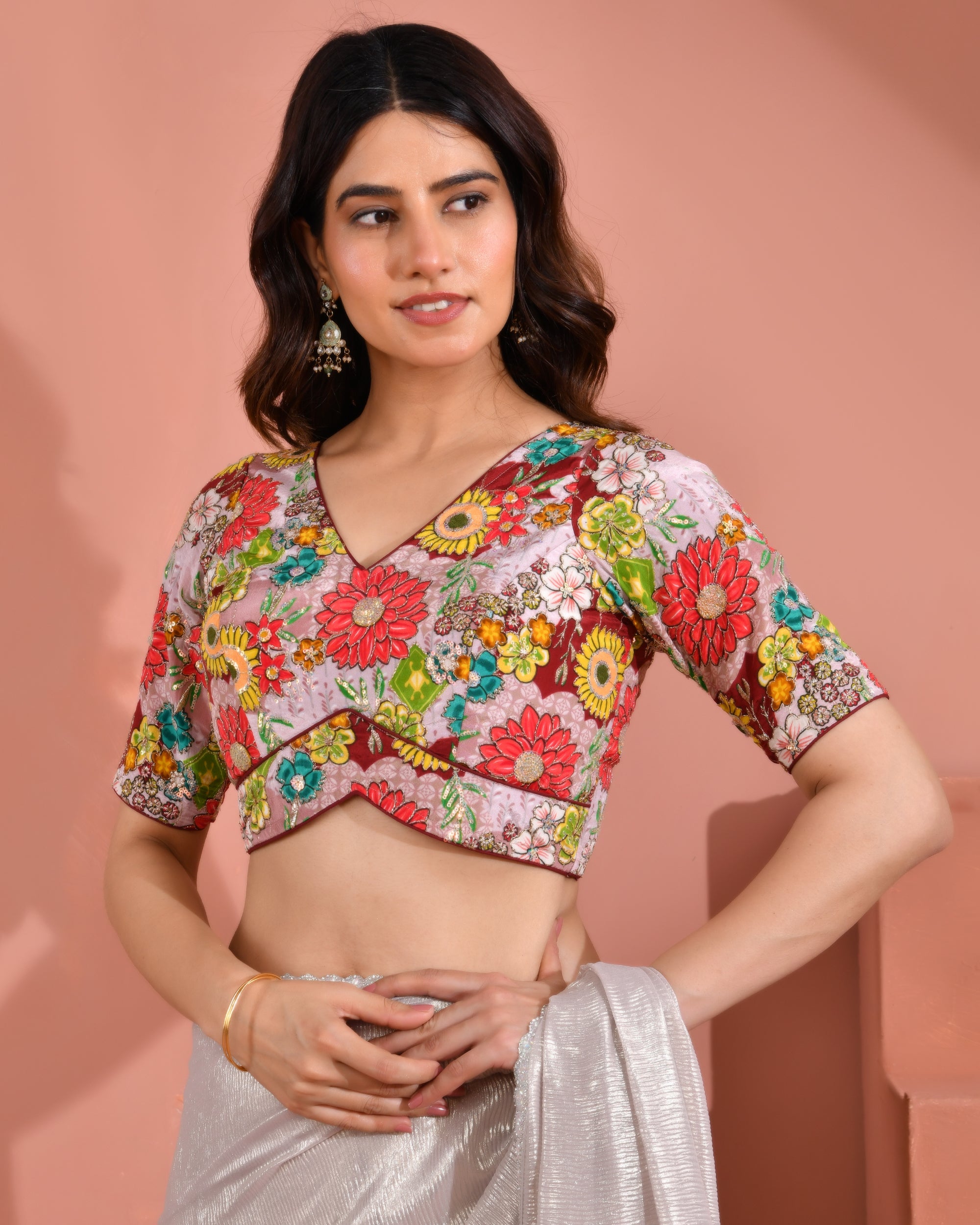 Mauve Sequined Zari Multicolored Postion Print Blouse with Sleeves