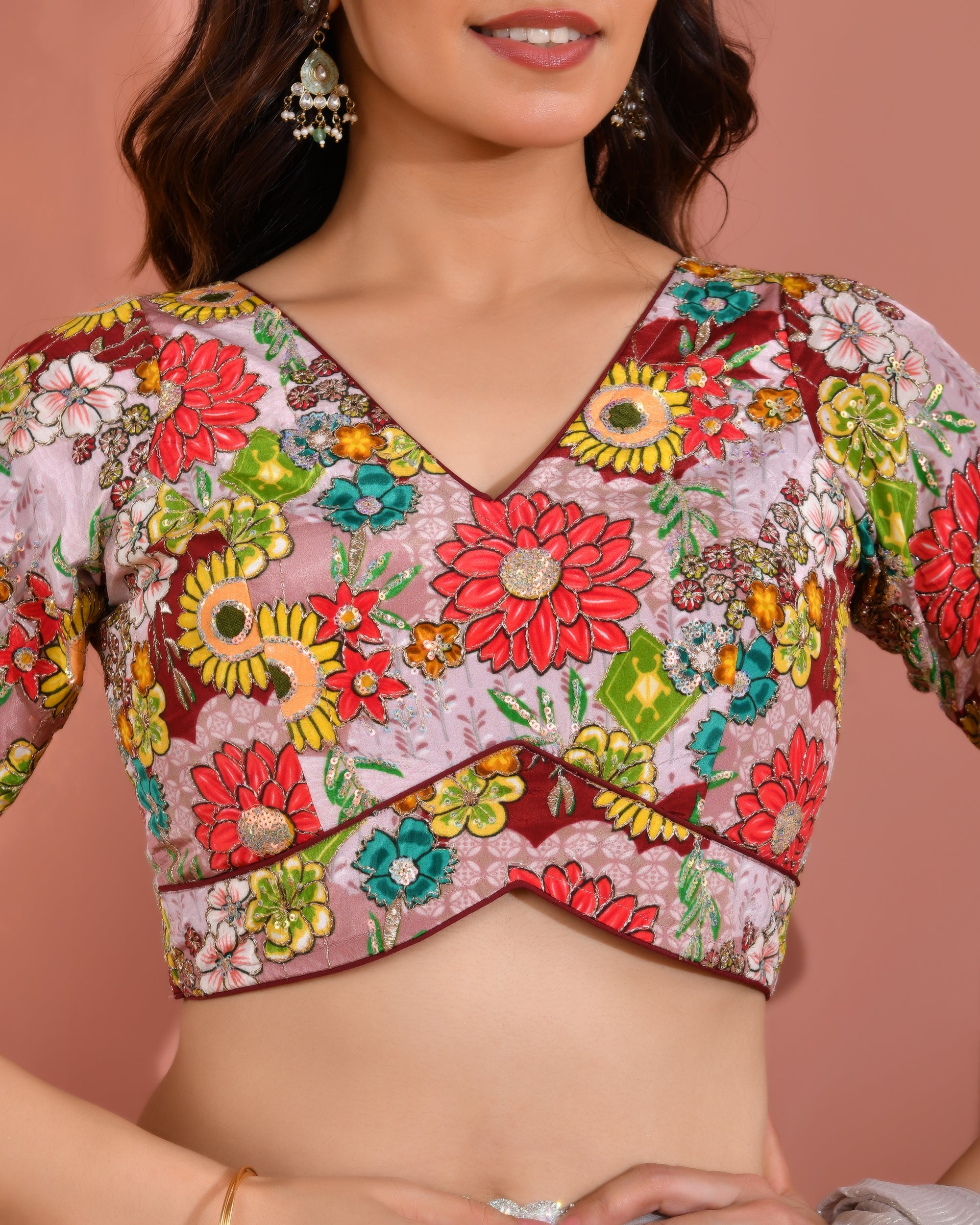 Mauve Sequined Zari Multicolored Postion Print Blouse with Sleeves