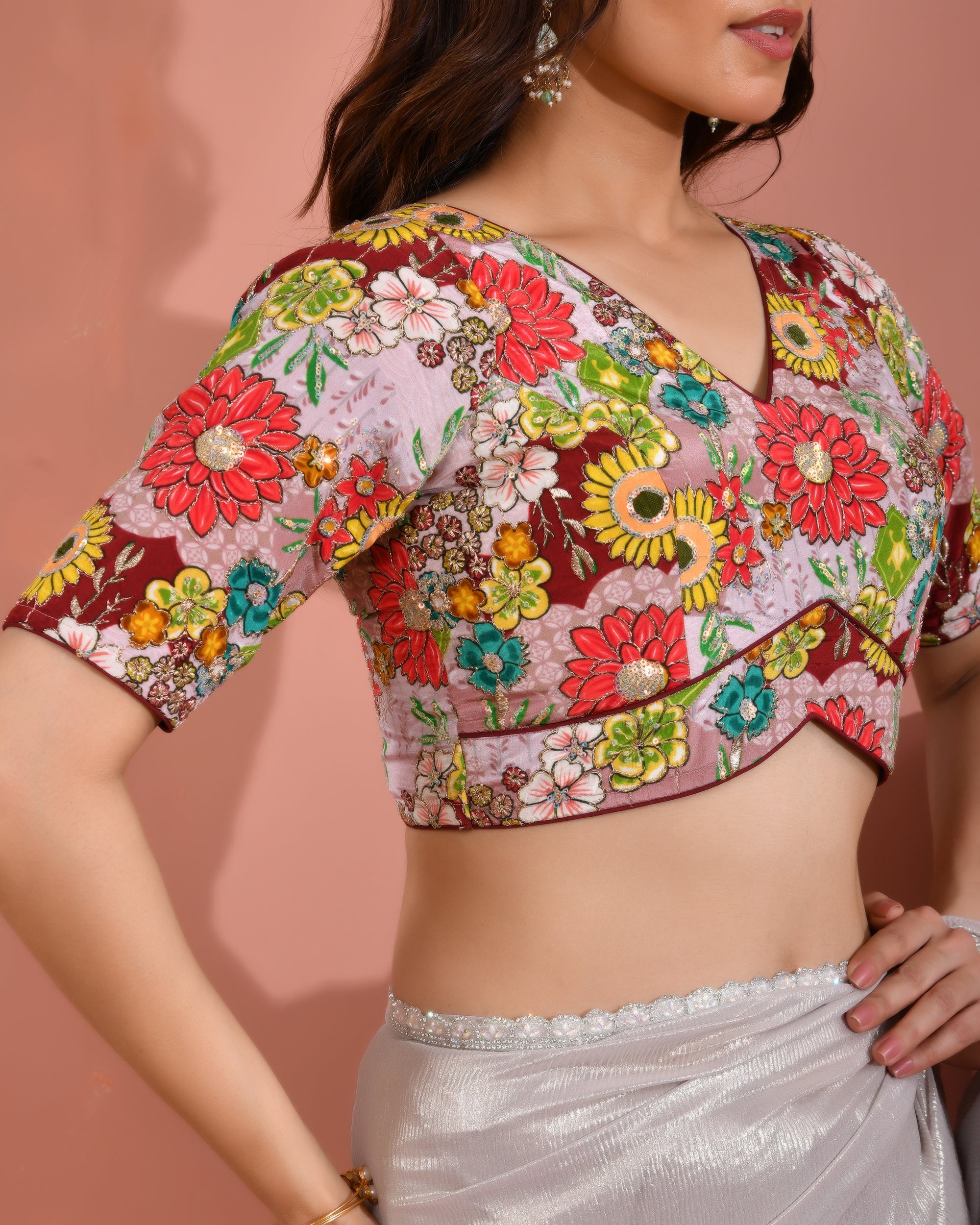 Mauve Sequined Zari Multicolored Postion Print Blouse with Sleeves