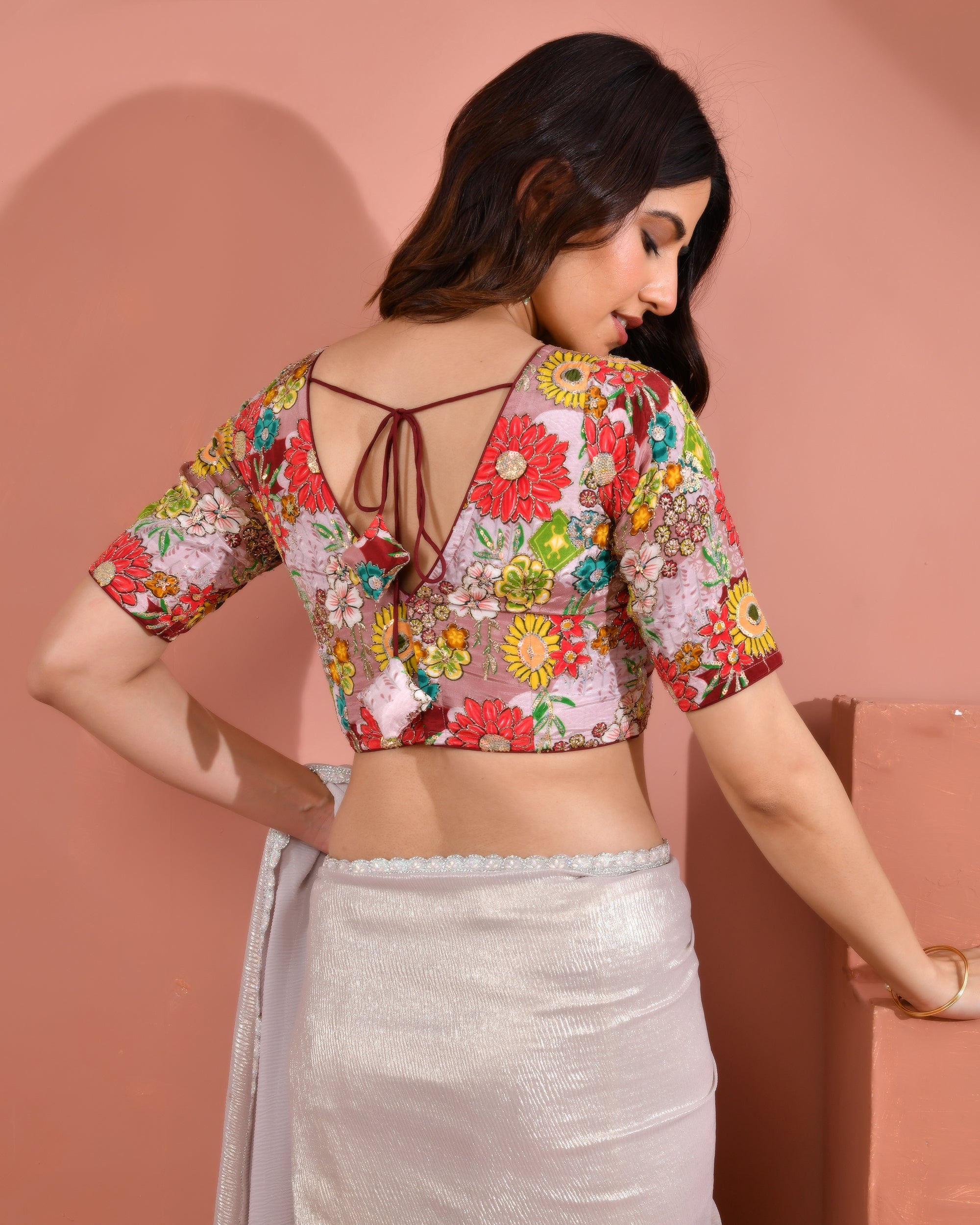 Mauve Sequined Zari Multicolored Postion Print Blouse with Sleeves