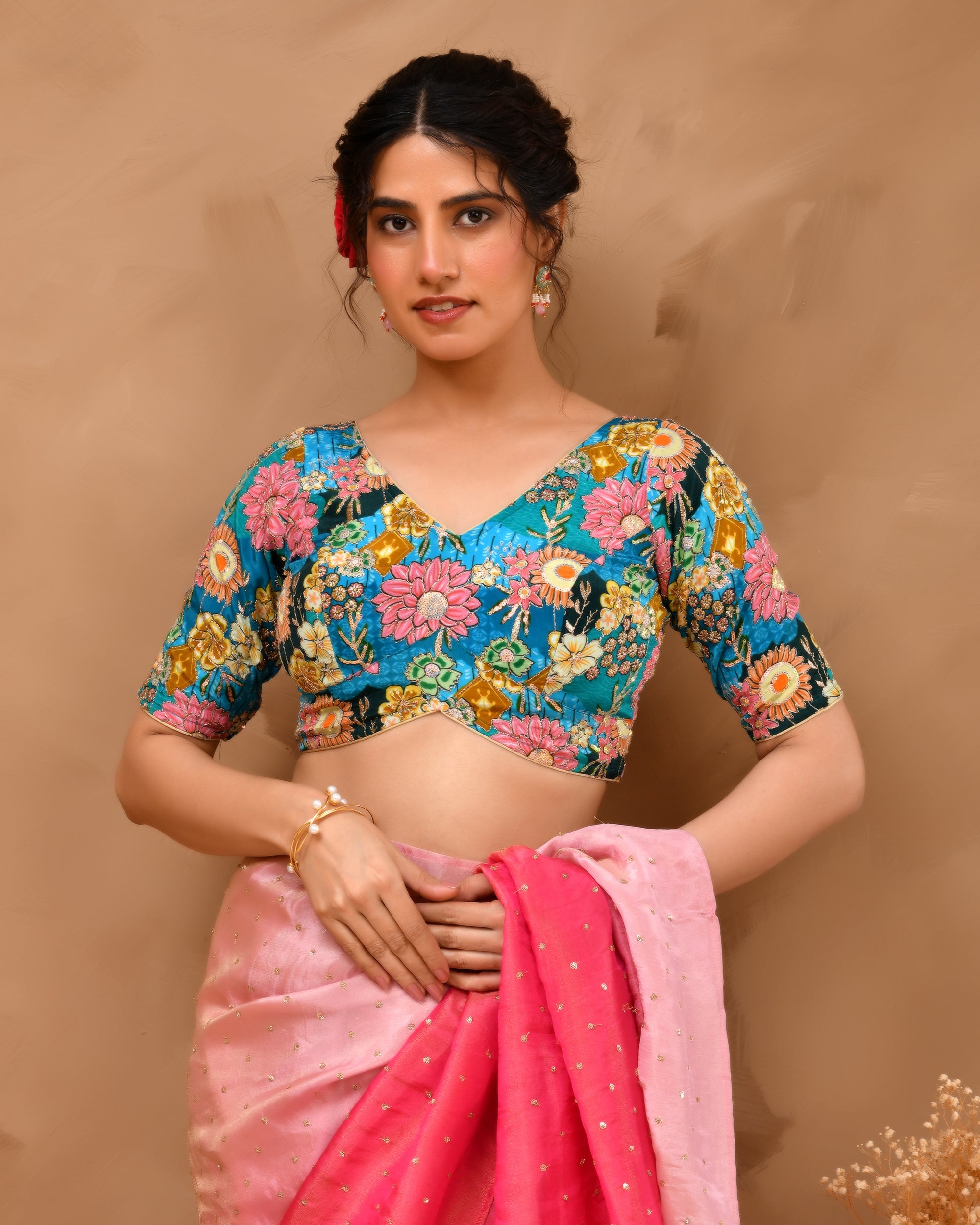 Blue Sequined Zari Multicolored Postion Print Blouse with Sleeves