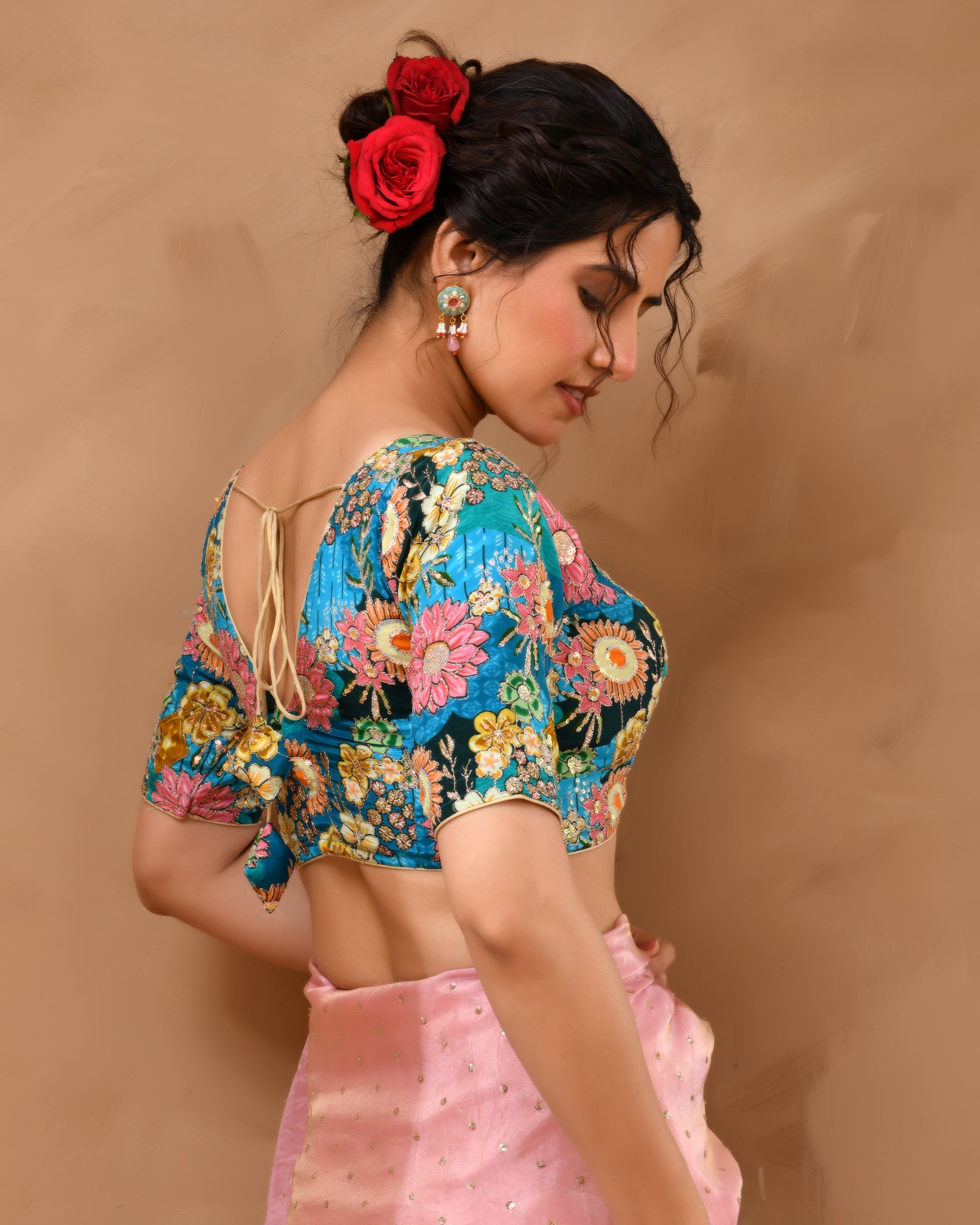Blue Sequined Zari Multicolored Postion Print Blouse with Sleeves