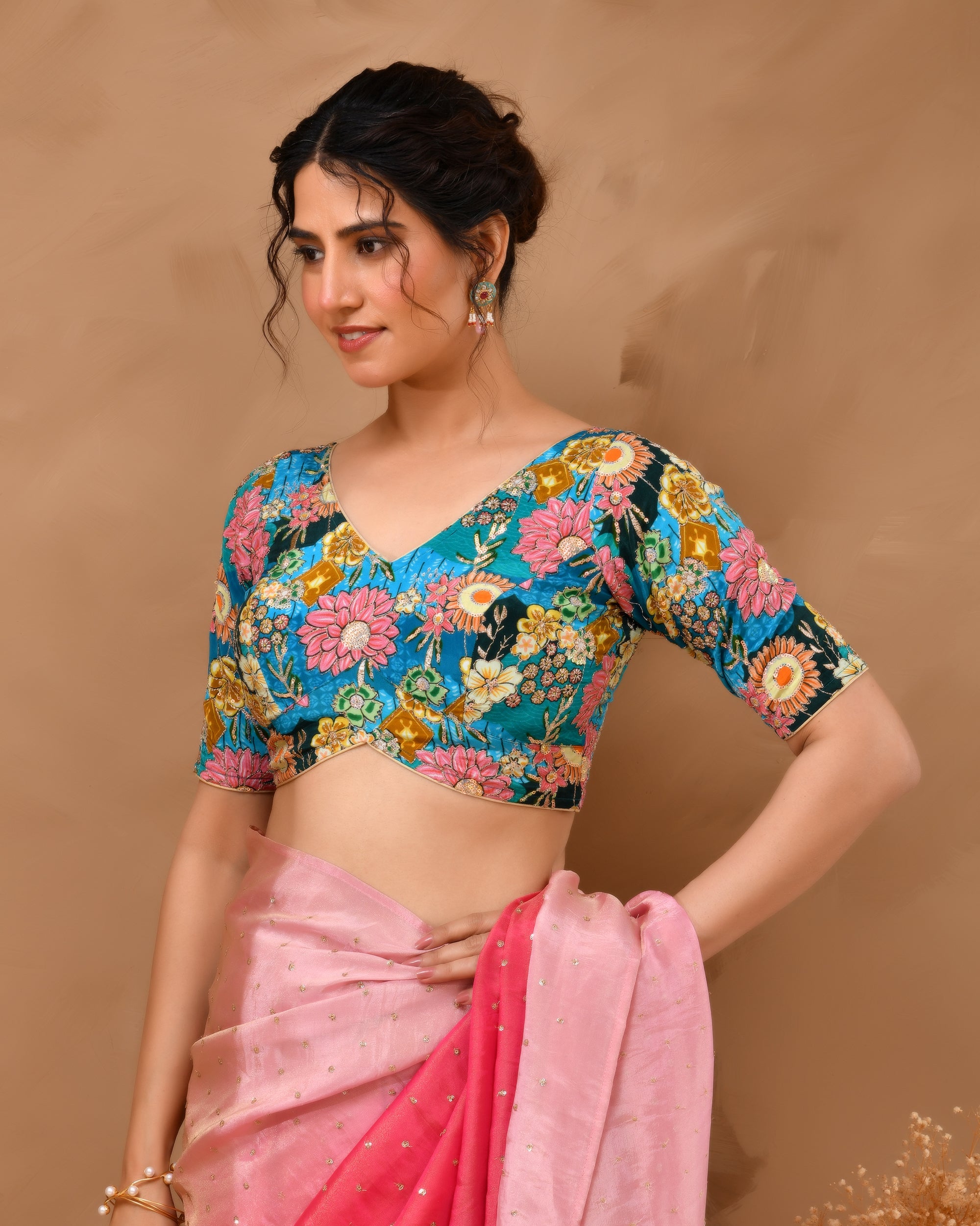 Blue Sequined Zari Multicolored Postion Print Blouse with Sleeves