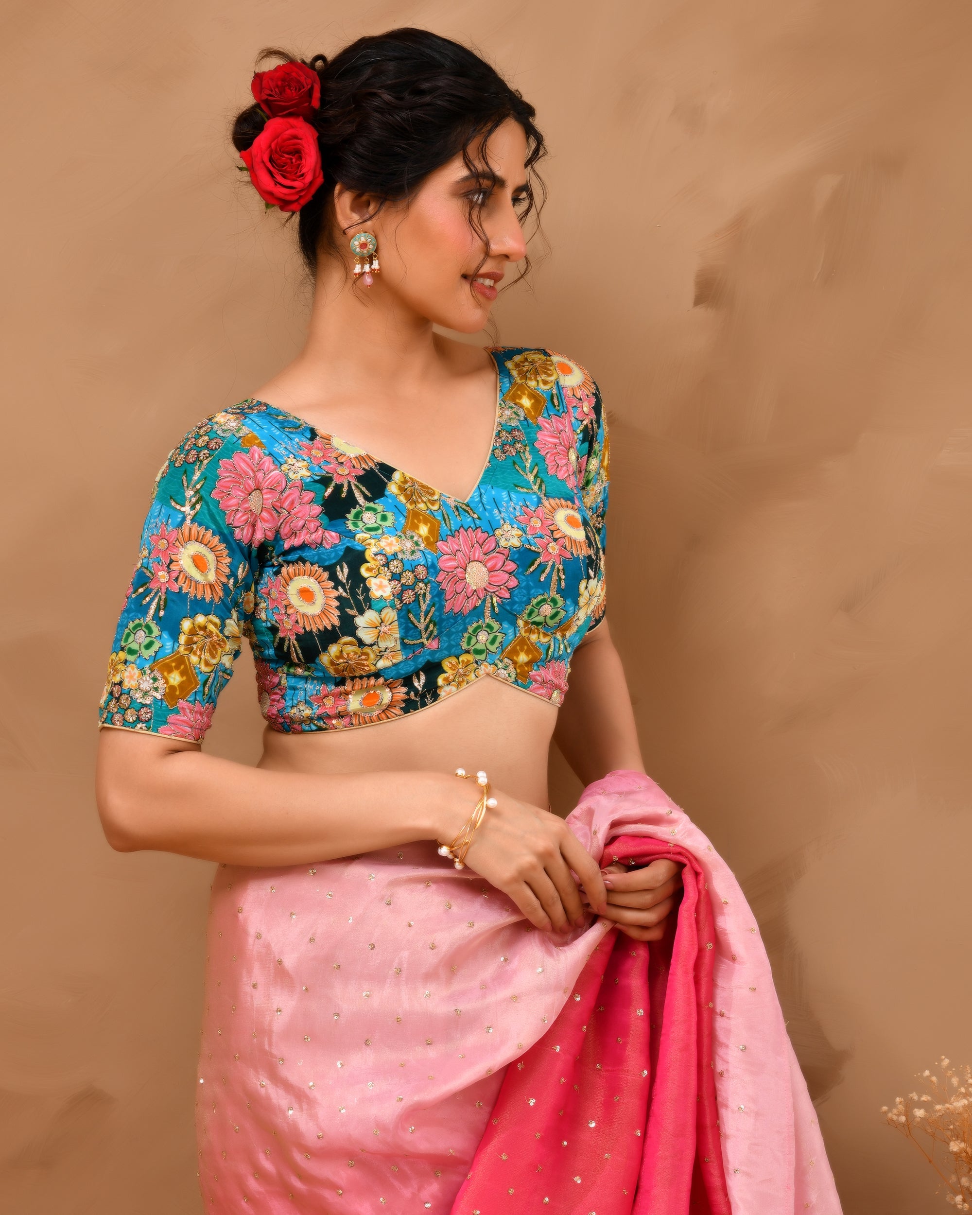 Blue Sequined Zari Multicolored Postion Print Blouse with Sleeves