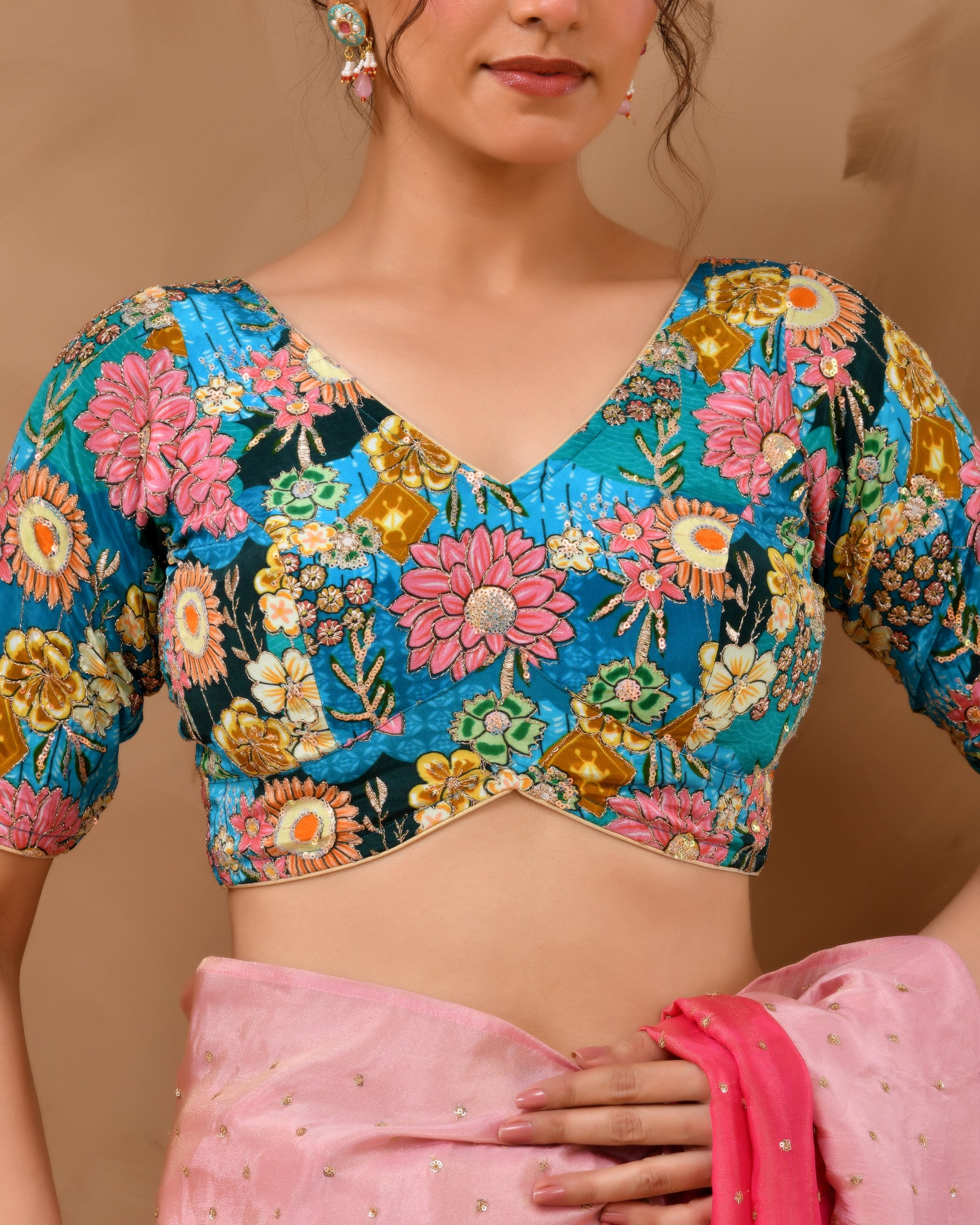 Blue Sequined Zari Multicolored Postion Print Blouse with Sleeves