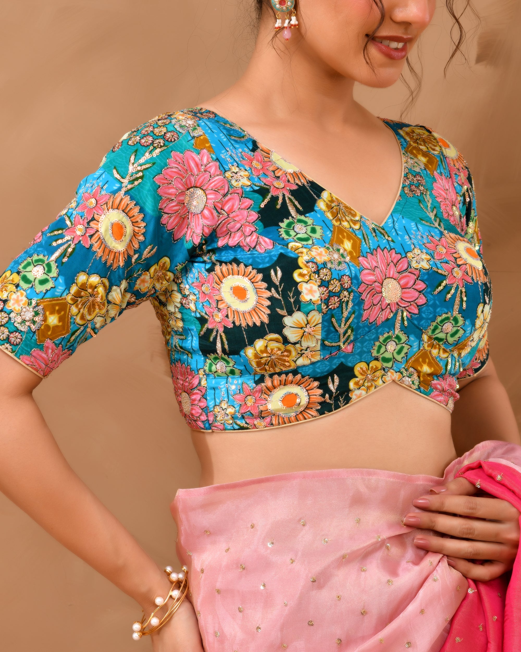 Blue Sequined Zari Multicolored Postion Print Blouse with Sleeves