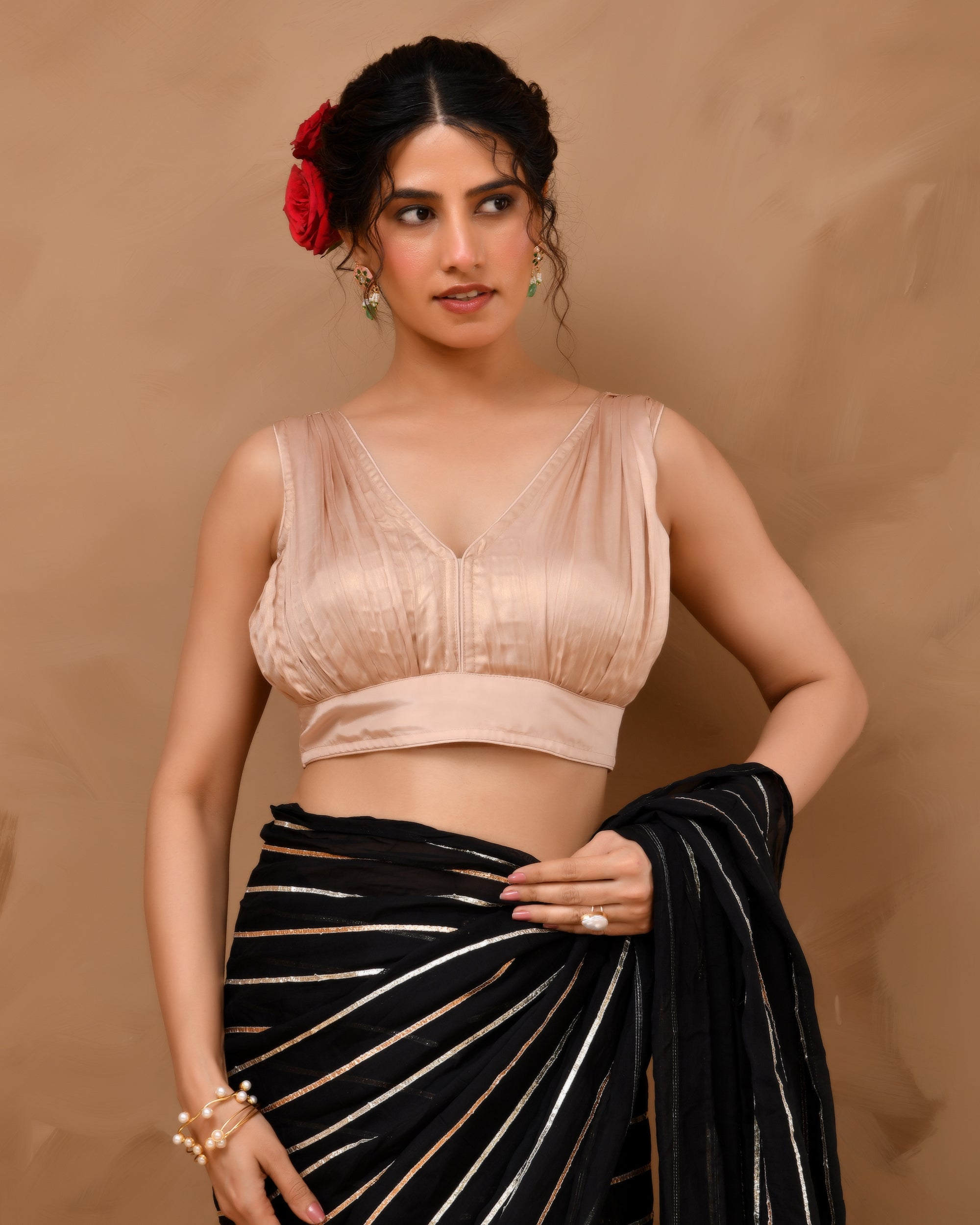 Rose Gold V neck Wrinkled sleeveless blouse