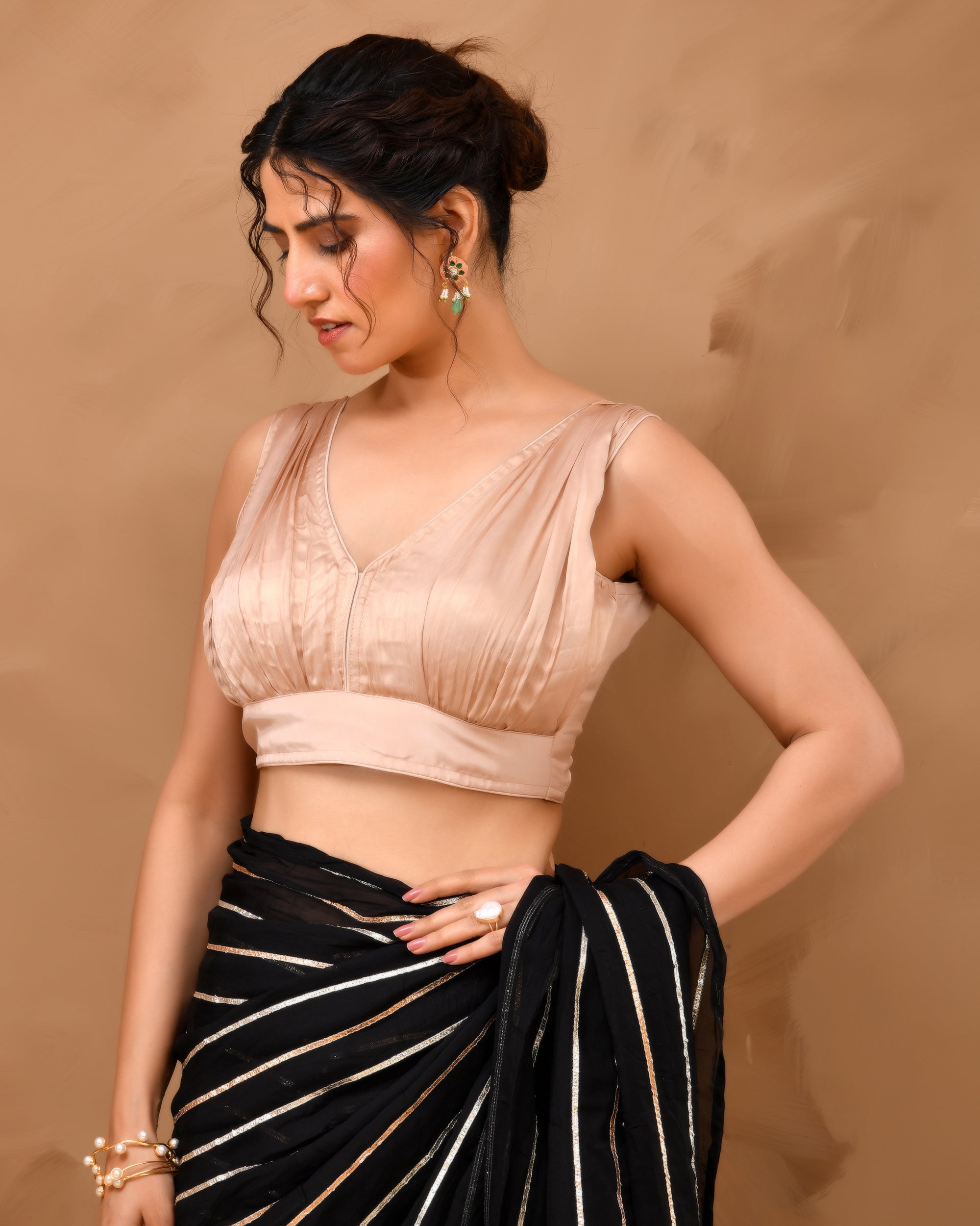Rose Gold V neck Wrinkled sleeveless blouse