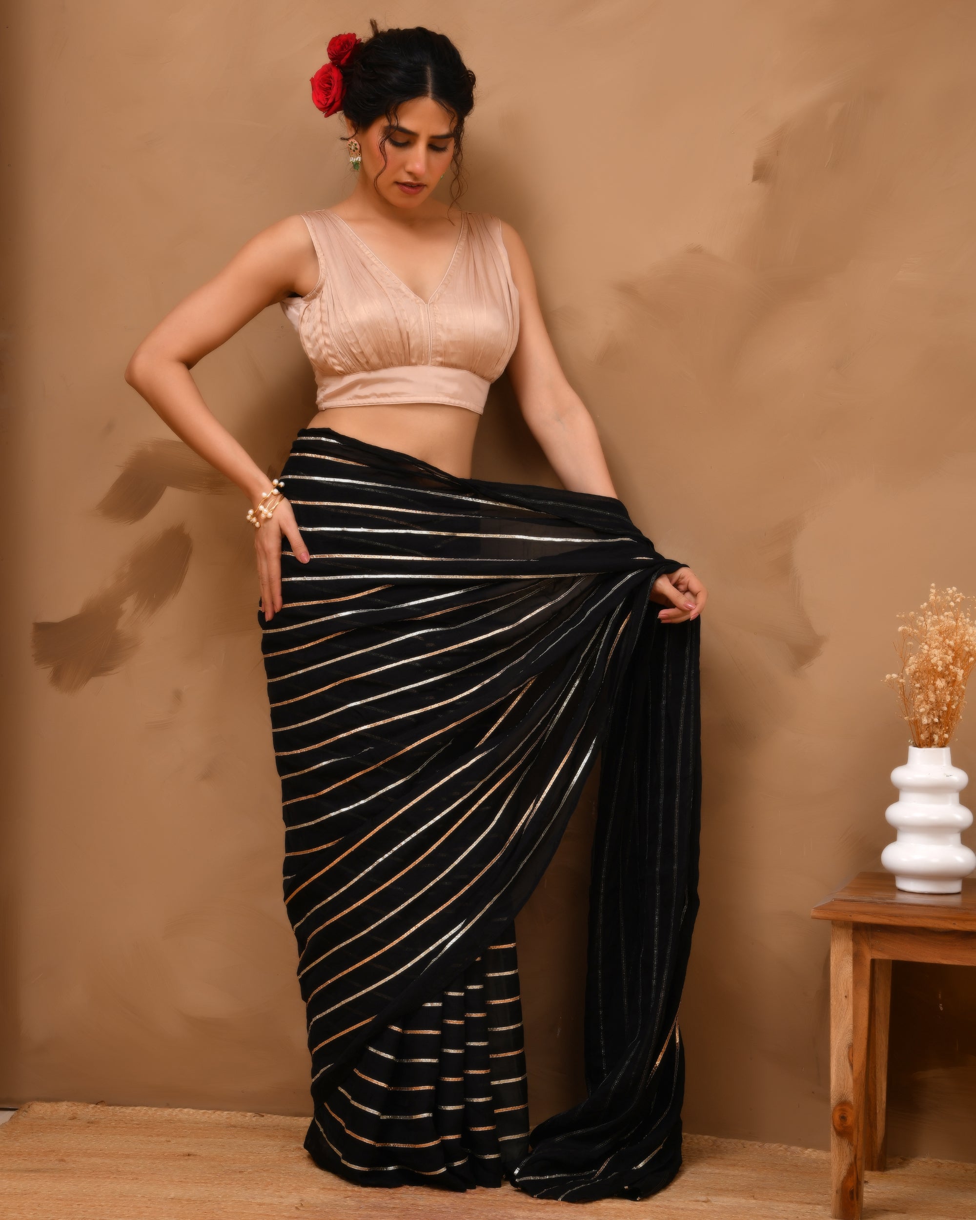 Rose Gold V neck Wrinkled sleeveless blouse