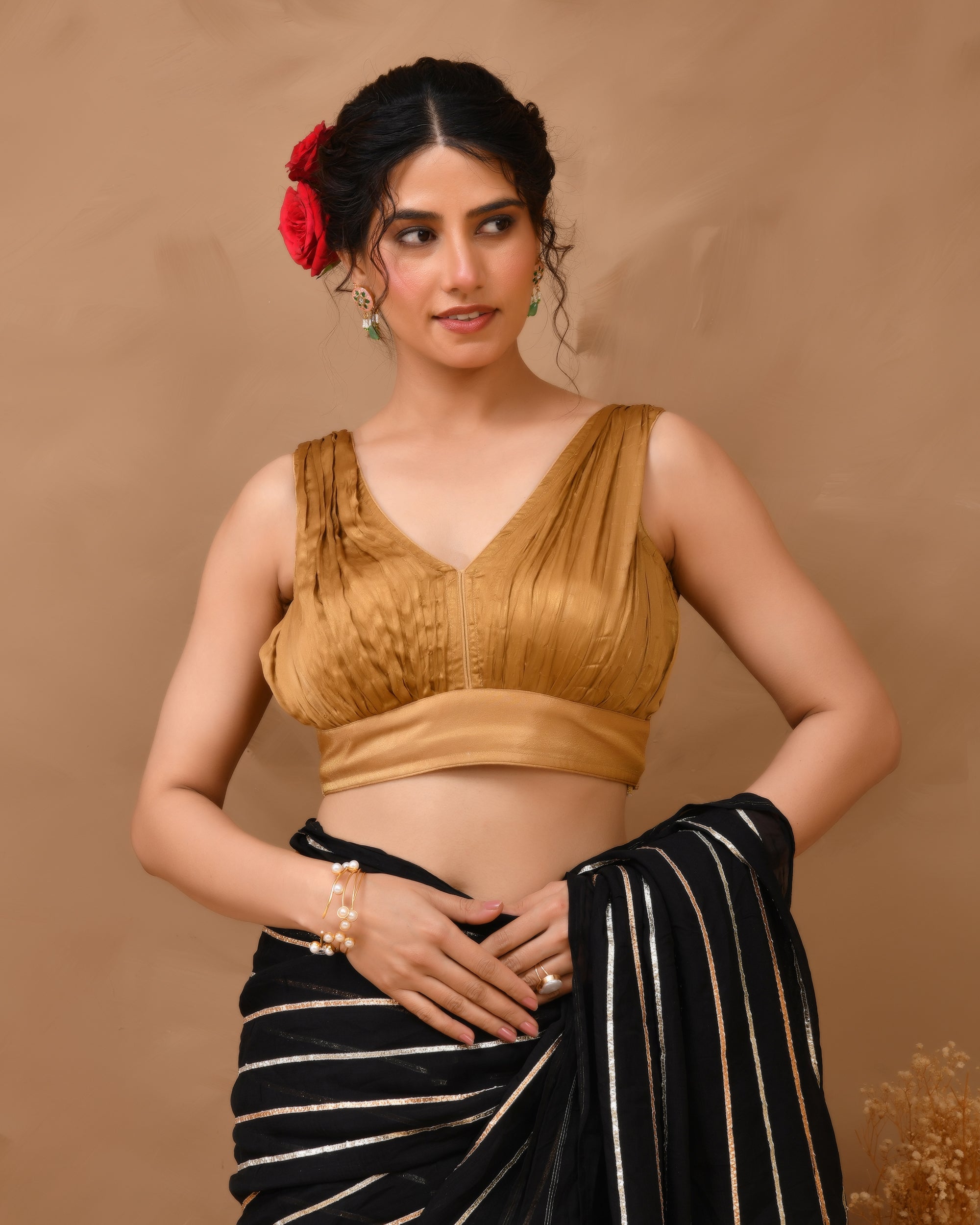Dark Gold V neck Wrinkled sleeveless blouse